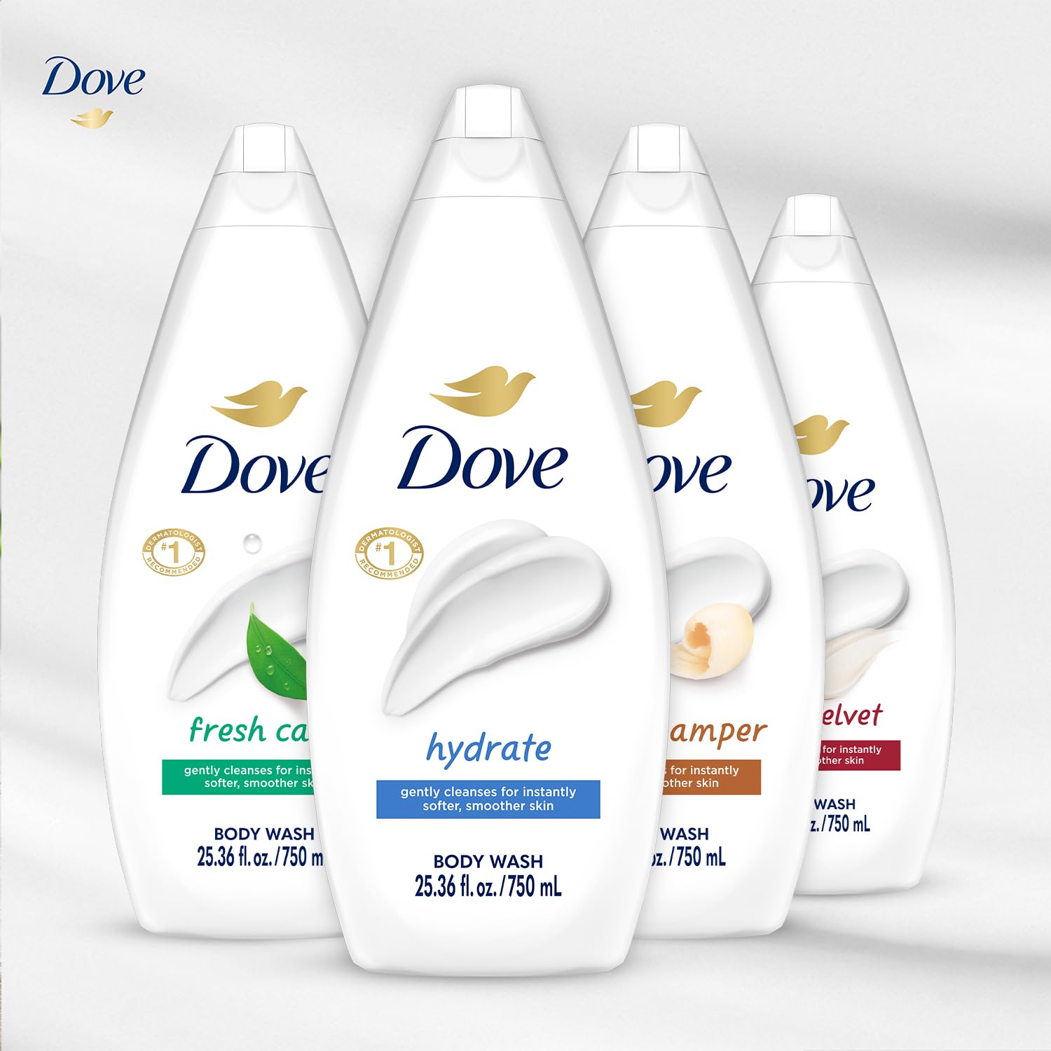 Dove Body Wash 6-Pack Value Variety – Hydrate, Gentle Pamper, Fresh Care, Silky Velvet | Family Size 25.36 oz