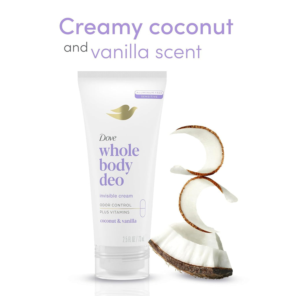 Dove Whole Body Deo Aluminum Free Invisible Cream Deodorant – Coconut & Vanilla, 72h Odor Control, Pack of 2 (2.5 oz each)
