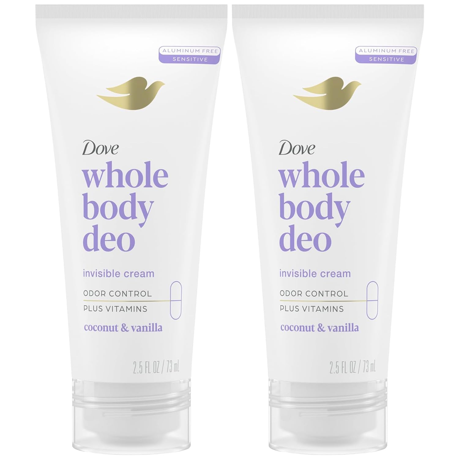 Dove Whole Body Deo Aluminum Free Invisible Cream Deodorant – Coconut & Vanilla, 72h Odor Control, Pack of 2 (2.5 oz each)
