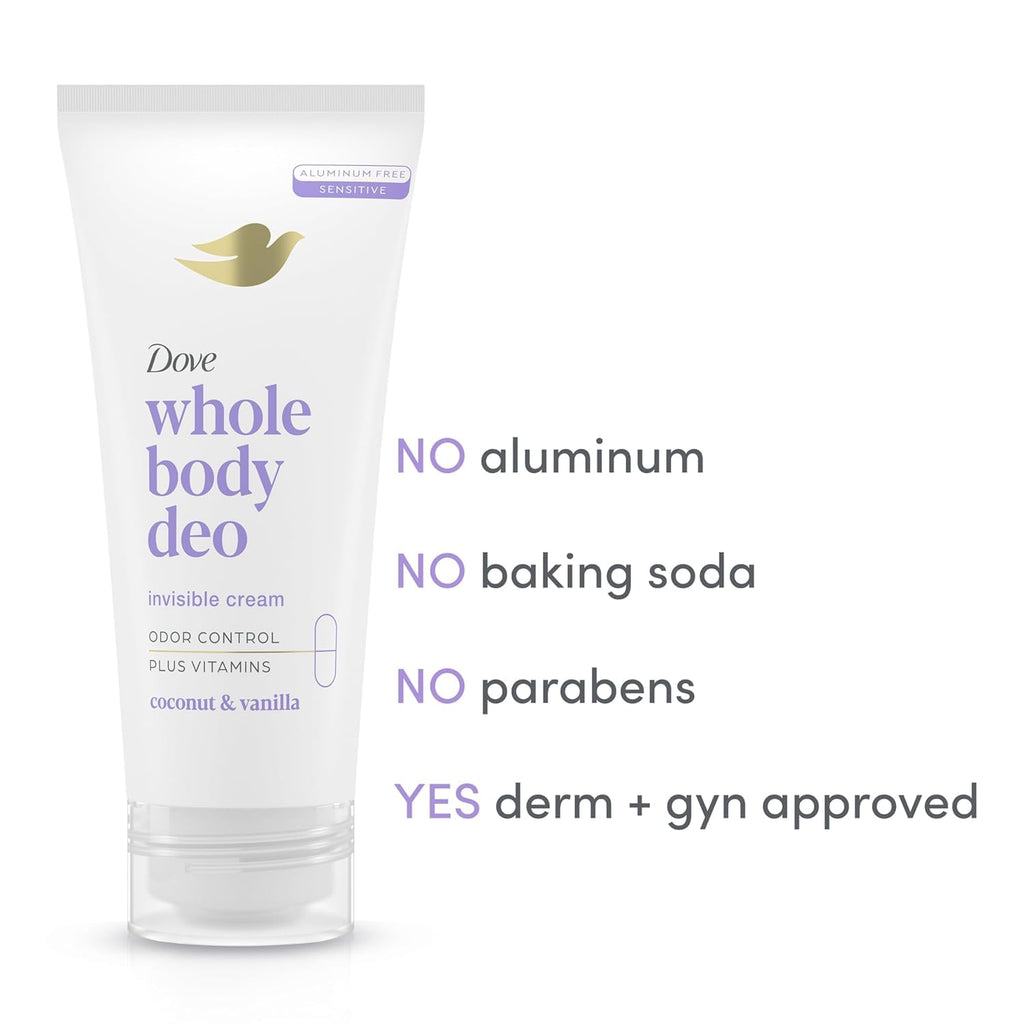 Dove Whole Body Deo Aluminum Free Invisible Cream Deodorant – Coconut & Vanilla, 72h Odor Control, Pack of 2 (2.5 oz each)