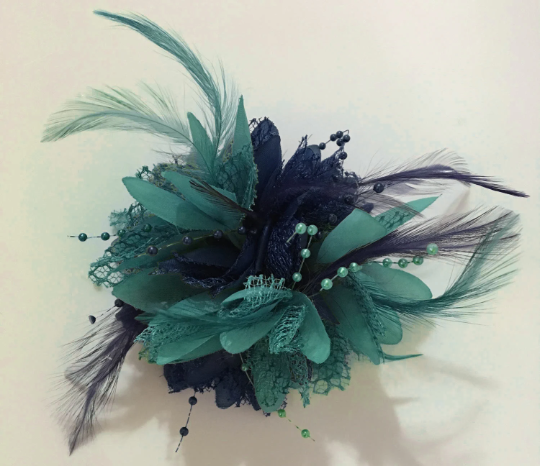 Caprilite Navy Blue and Teal Turquoise Fascinator Headband on Clip Corsage Flower