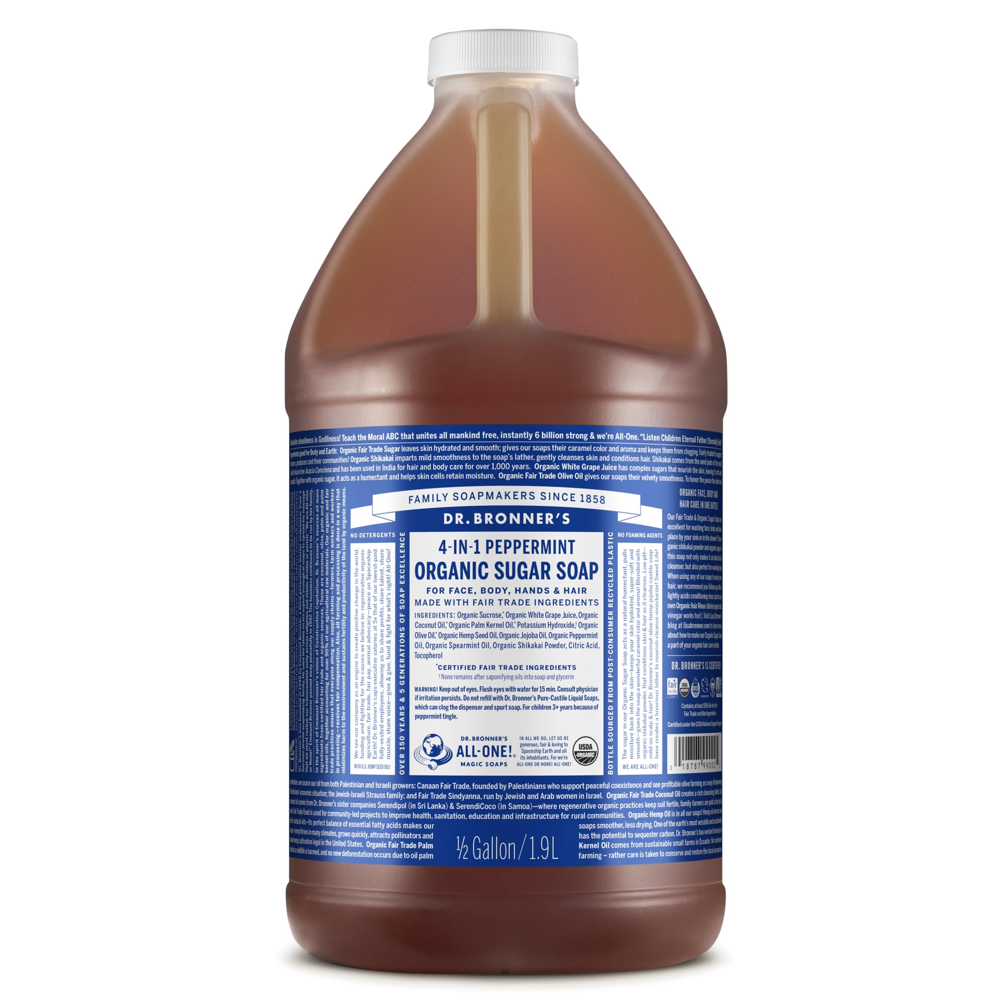 Dr. Bronner’s Organic Sugar Soap Peppermint – 64 oz, 4-in-1 Hand & Body Wash with Organic Oils