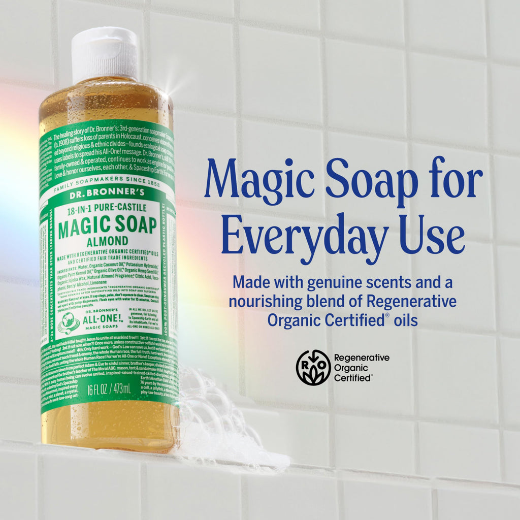Dr. Bronner's Almond Castile Liquid Soap 16 oz (2-Pack) – 18-in-1 Uses