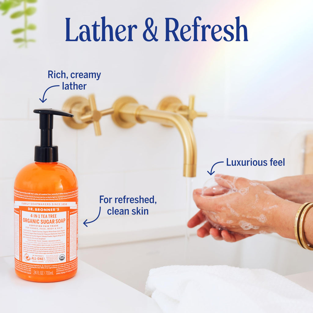 Dr. Bronner's Organic Sugar Soap Tea Tree 64oz – 4-in-1 Cleanser for Hands, Body, Face & Hair | Vegan