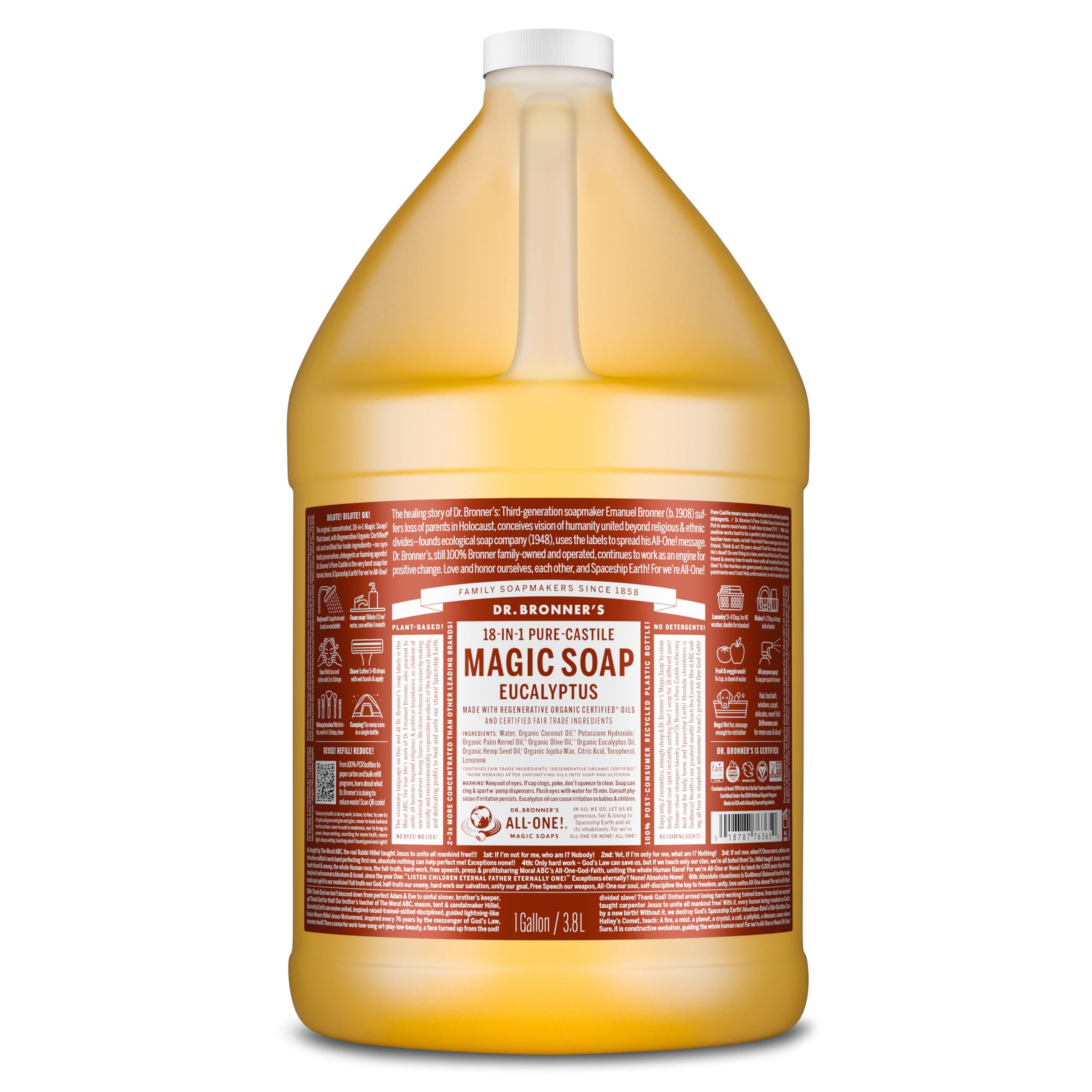 Dr. Bronner's Eucalyptus Pure-Castile Magic Soap Liquid (1 Gallon) – Regenerative Organic Oils, 18-in-1 Uses