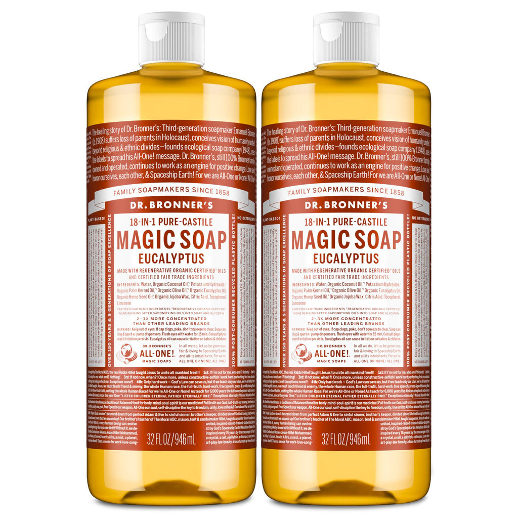Dr. Bronner's Magic Soap - Pure-Castile Eucalyptus Liquid Soap (2-Pack, 32 oz) | 18-in-1 Uses
