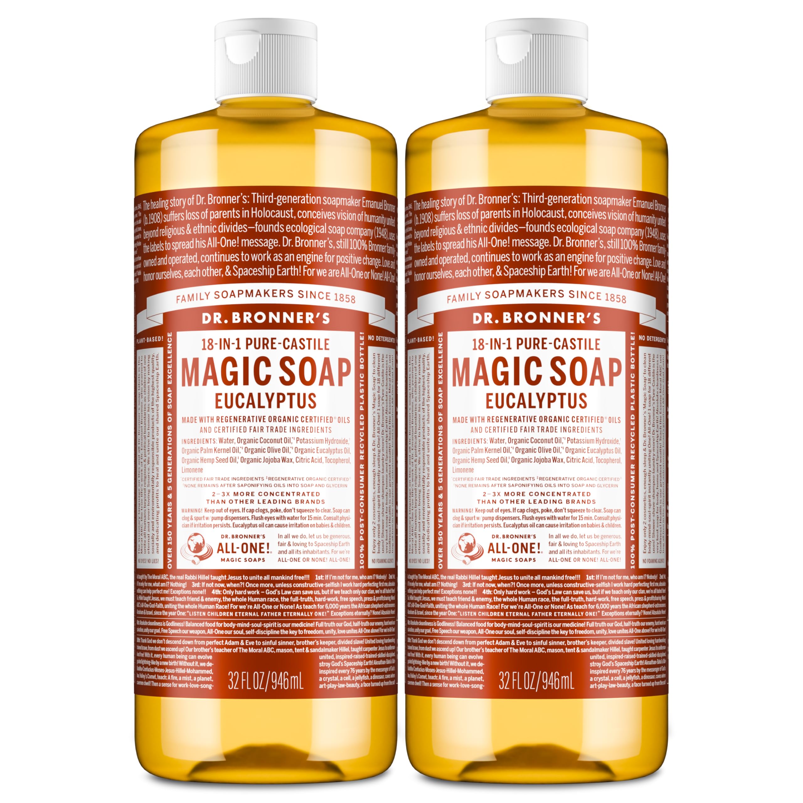 Dr. Bronner's Magic Soap - Pure-Castile Eucalyptus Liquid Soap (2-Pack, 32 oz) | 18-in-1 Uses
