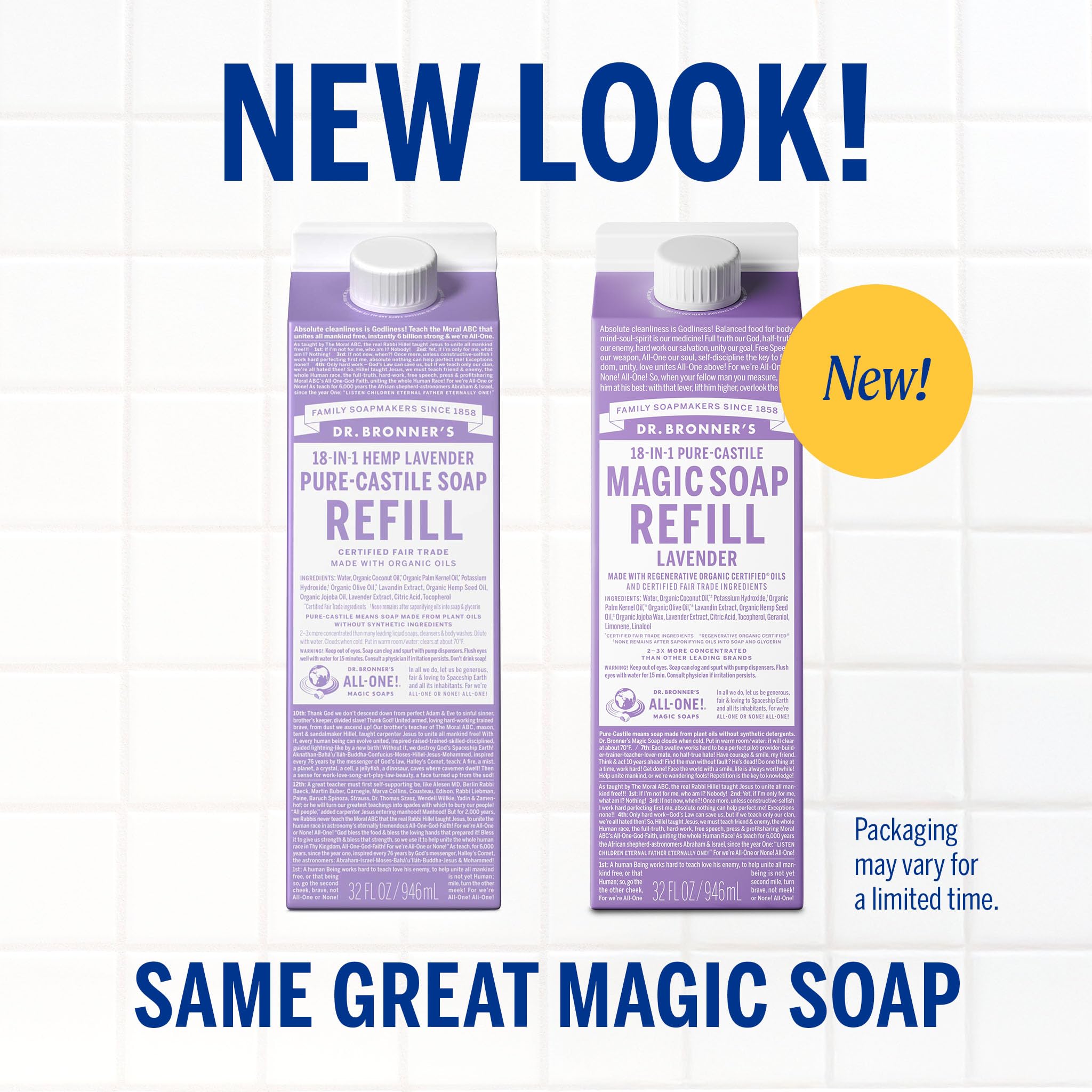 Dr. Bronner's Lavender Pure-Castile Soap Refill (32 oz x 2) – Regenerative Organic Oils, Concentrated, Vegan, Non-GMO