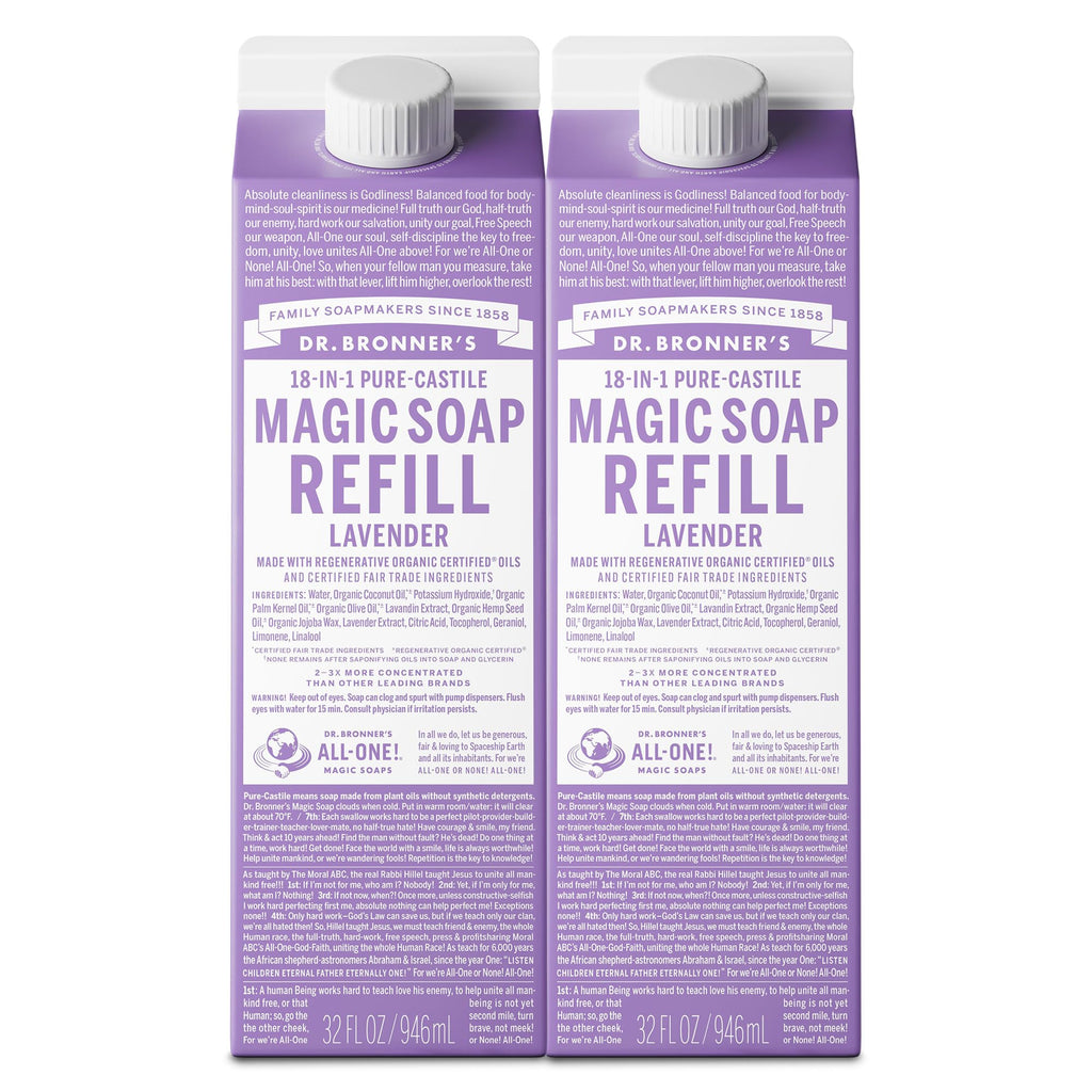Dr. Bronner's Lavender Pure-Castile Soap Refill (32 oz x 2) – Regenerative Organic Oils, Concentrated, Vegan, Non-GMO