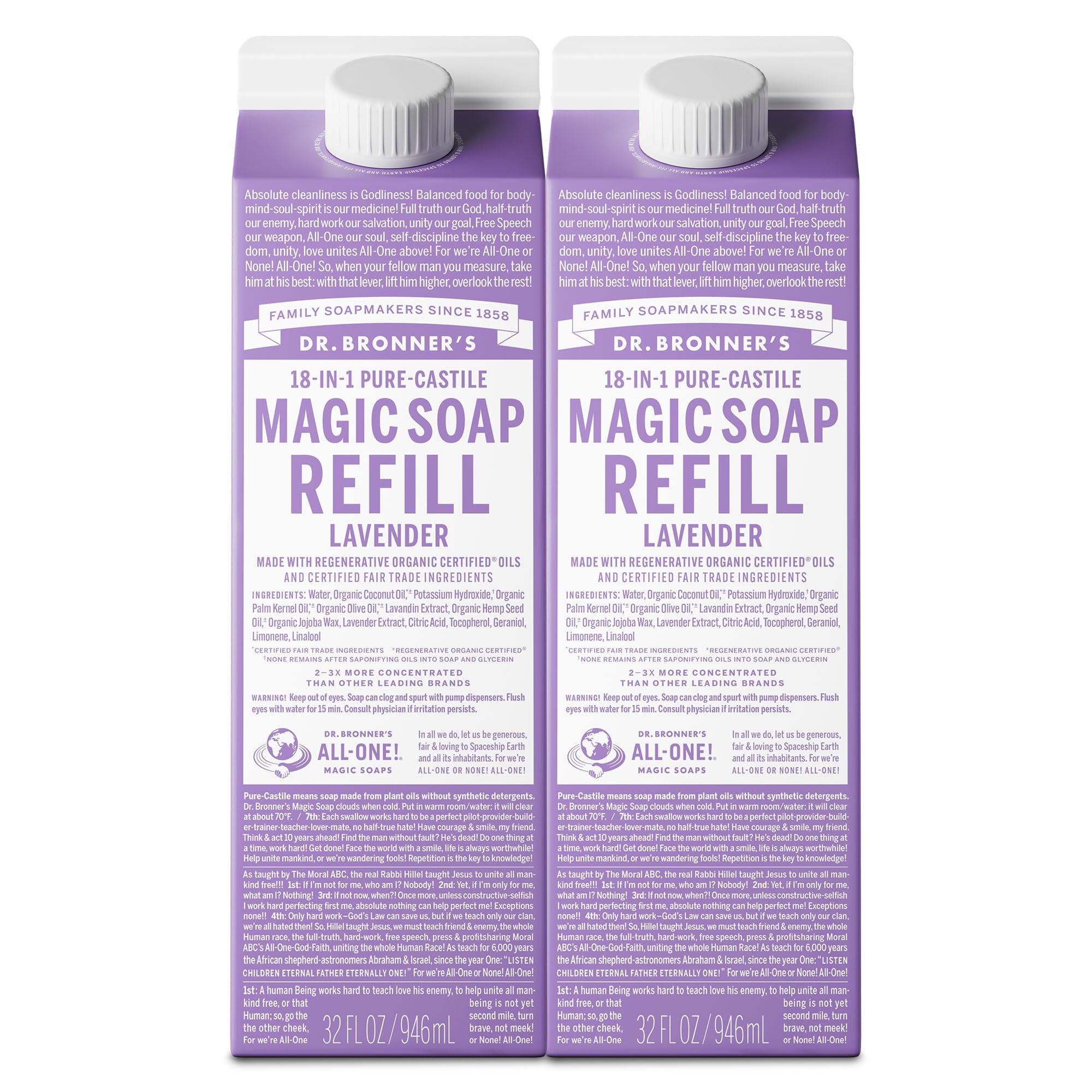 Dr. Bronner's Lavender Pure-Castile Soap Refill (32 oz x 2) – Regenerative Organic Oils, Concentrated, Vegan, Non-GMO