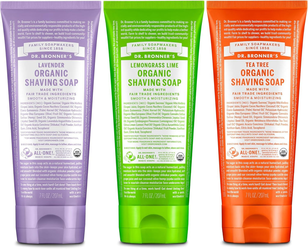Dr. Bronner's Organic Shaving Soap – 3 Pack (Lavender, Tea Tree, Lemongrass) | Moisturizing Shave Soap for Face, Underarms & Legs
