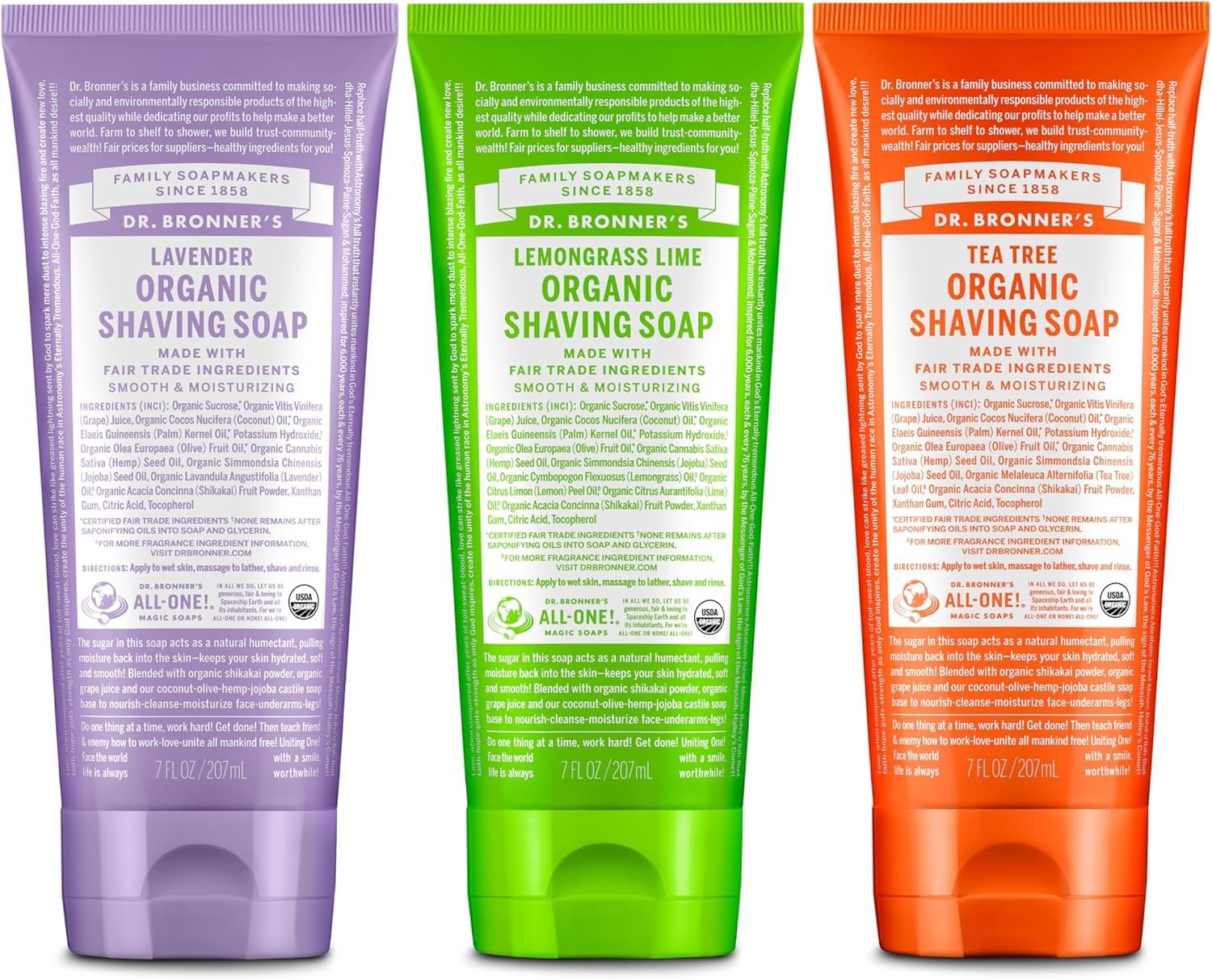 Dr. Bronner's Organic Shaving Soap – 3 Pack (Lavender, Tea Tree, Lemongrass) | Moisturizing Shave Soap for Face, Underarms & Legs