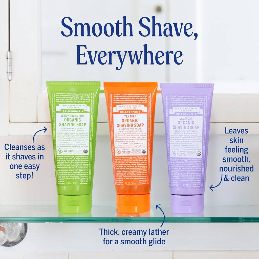 Dr. Bronner's Organic Shaving Soap – 3 Pack (Lavender, Tea Tree, Lemongrass) | Moisturizing Shave Soap for Face, Underarms & Legs