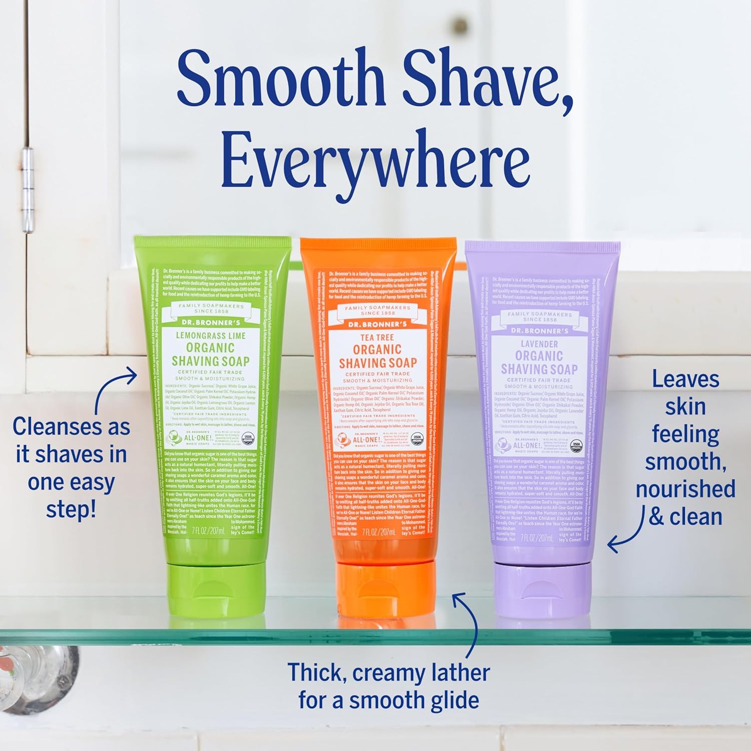Dr. Bronner's Organic Shaving Soap – 3 Pack (Lavender, Tea Tree, Lemongrass) | Moisturizing Shave Soap for Face, Underarms & Legs