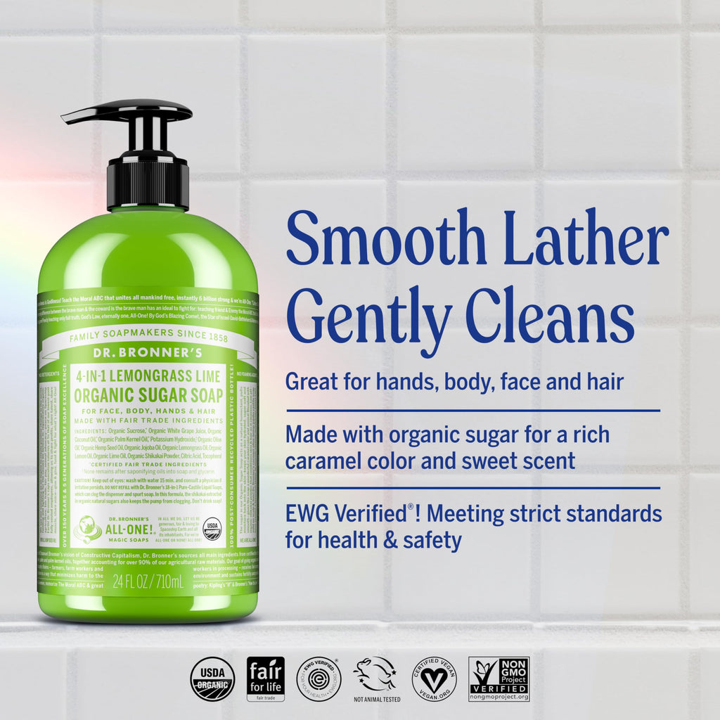Dr. Bronner's Organic Sugar Soap (Lemongrass, 64 oz) - 4-in-1 Use: Hands, Body, Face & Hair