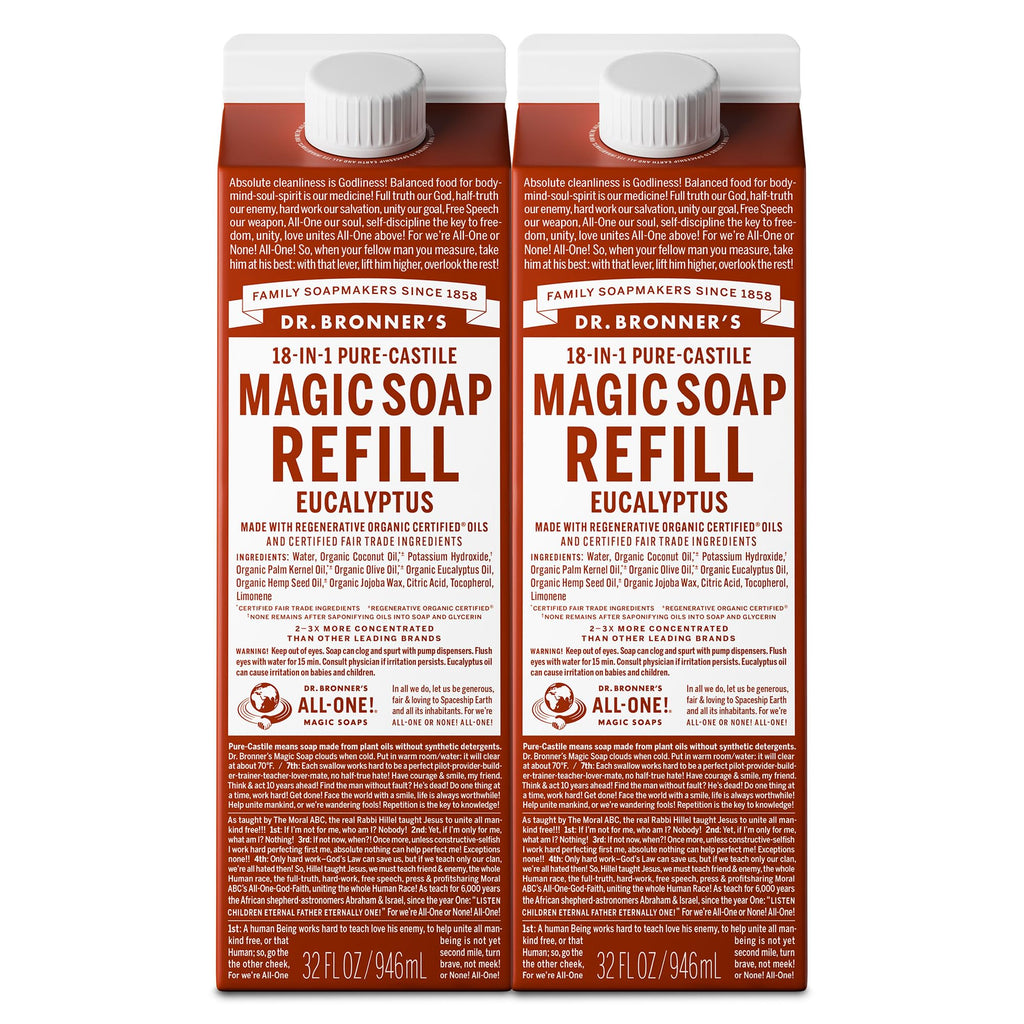 Dr. Bronner's Pure-Castile Soap Refill Eucalyptus 32 oz (2-Pack) | Regenerative Organic Certified Oils, Vegan, Non-GMO