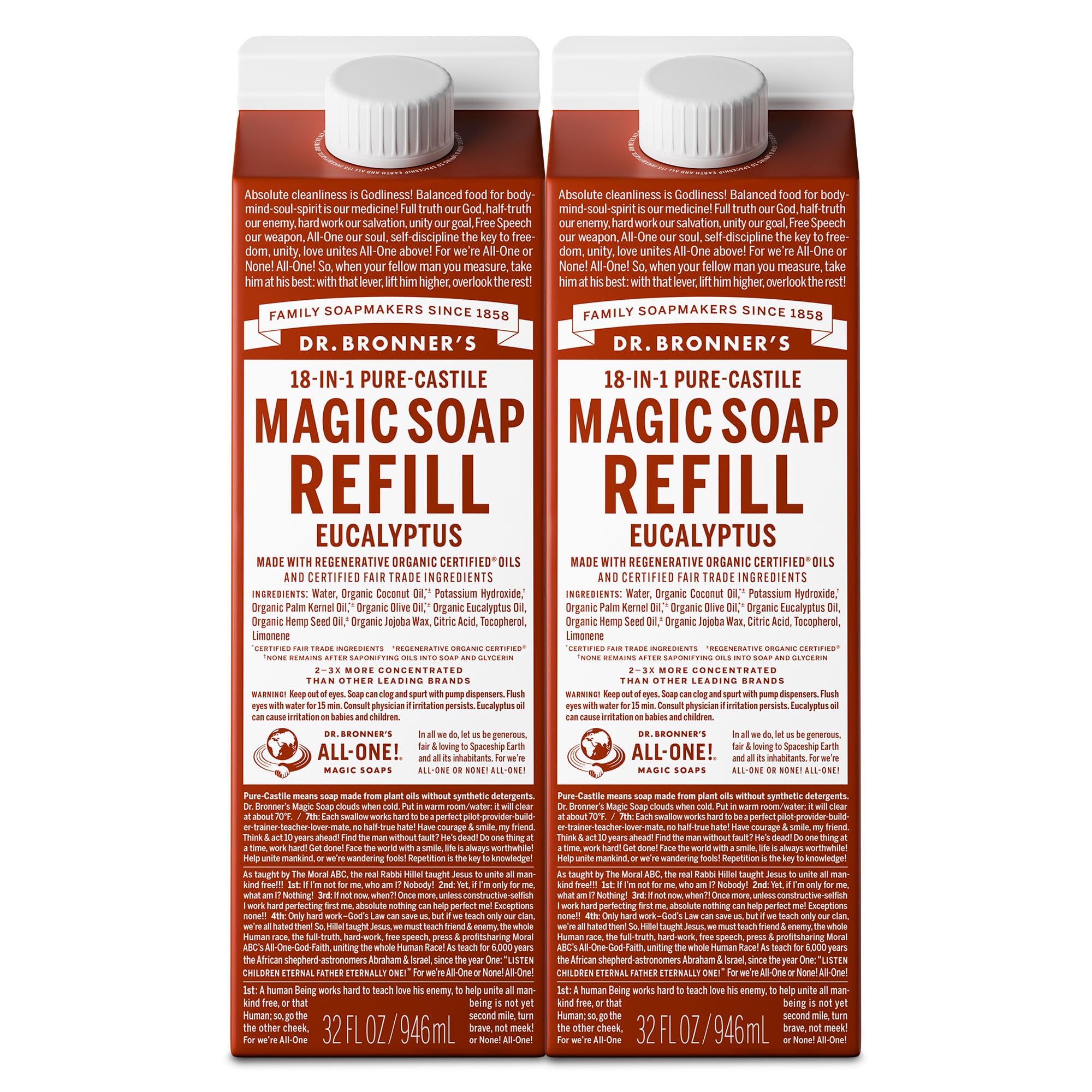 Dr. Bronner's Pure-Castile Soap Refill Eucalyptus 32 oz (2-Pack) | Regenerative Organic Certified Oils, Vegan, Non-GMO