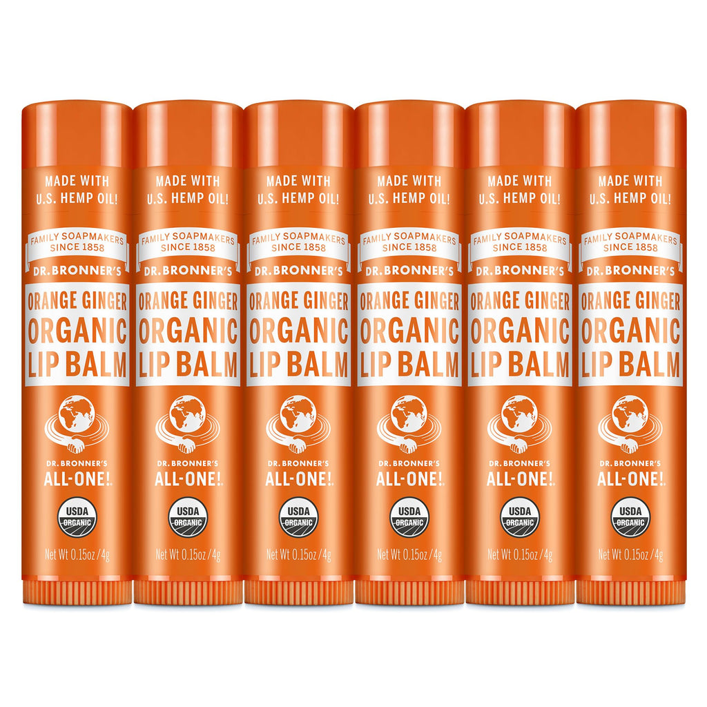 Dr. Bronner’s Organic Lip Balm 6-Pack (0.15oz) – Natural, Petroleum-Free Lip Care, Orange Ginger