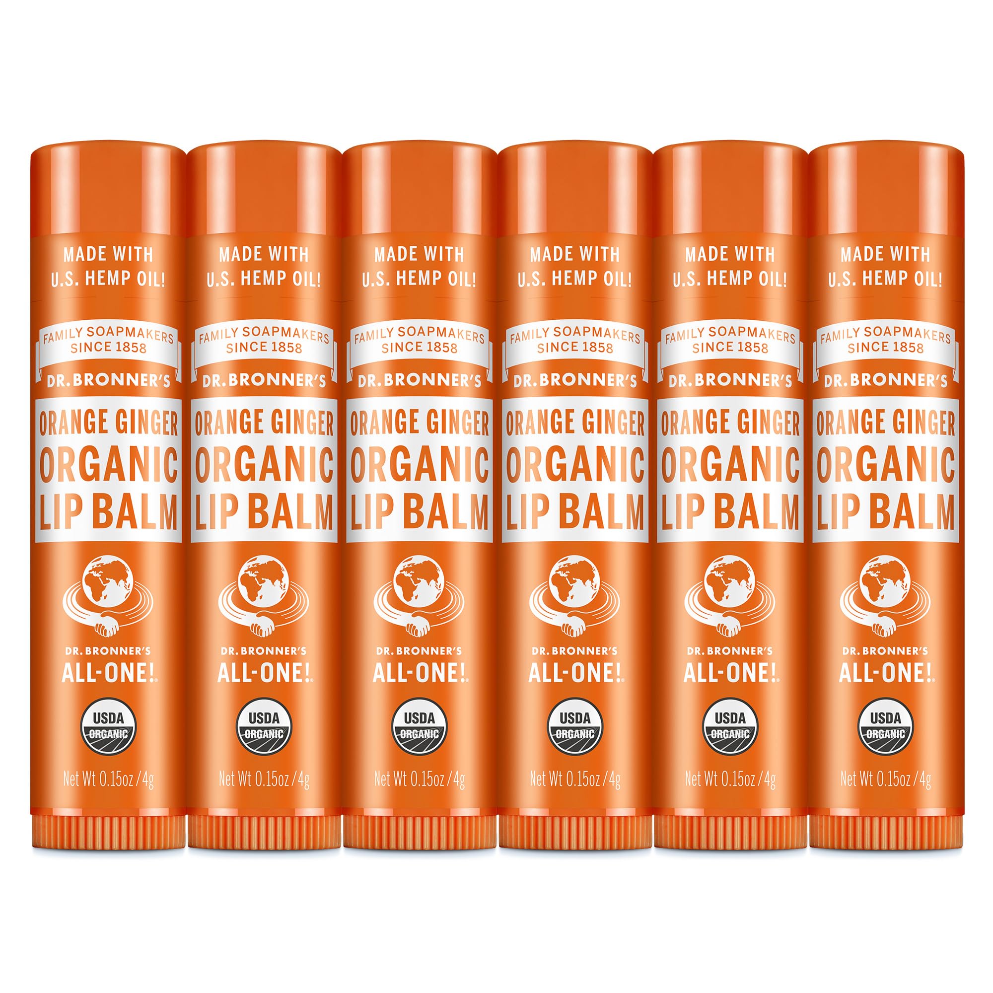 Dr. Bronner’s Organic Lip Balm 6-Pack (0.15oz) – Natural, Petroleum-Free Lip Care, Orange Ginger