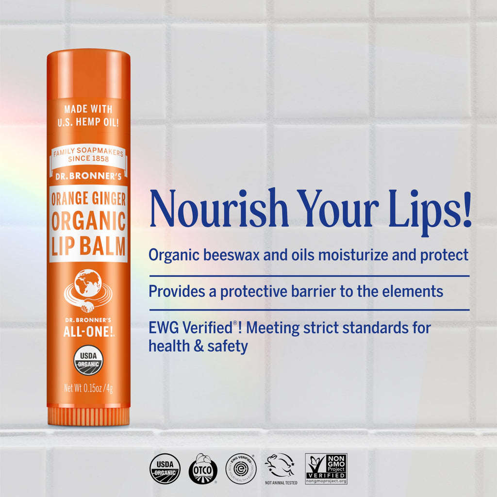 Dr. Bronner’s Organic Lip Balm 6-Pack (0.15oz) – Natural, Petroleum-Free Lip Care, Orange Ginger