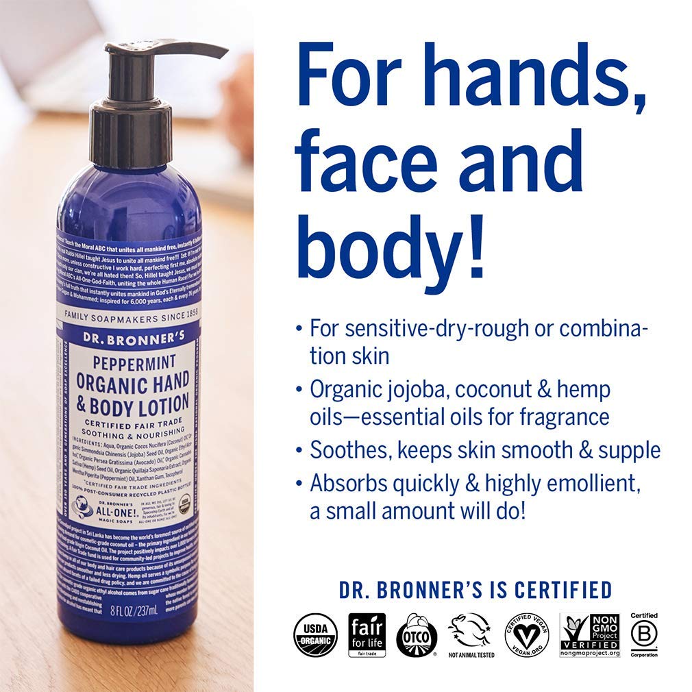 Dr. Bronner's Organic Lotion Variety Pack (8 oz) – Peppermint, Lavender Coconut, Orange Lavender & Patchouli Lime | Body Lotion & Moisturizer