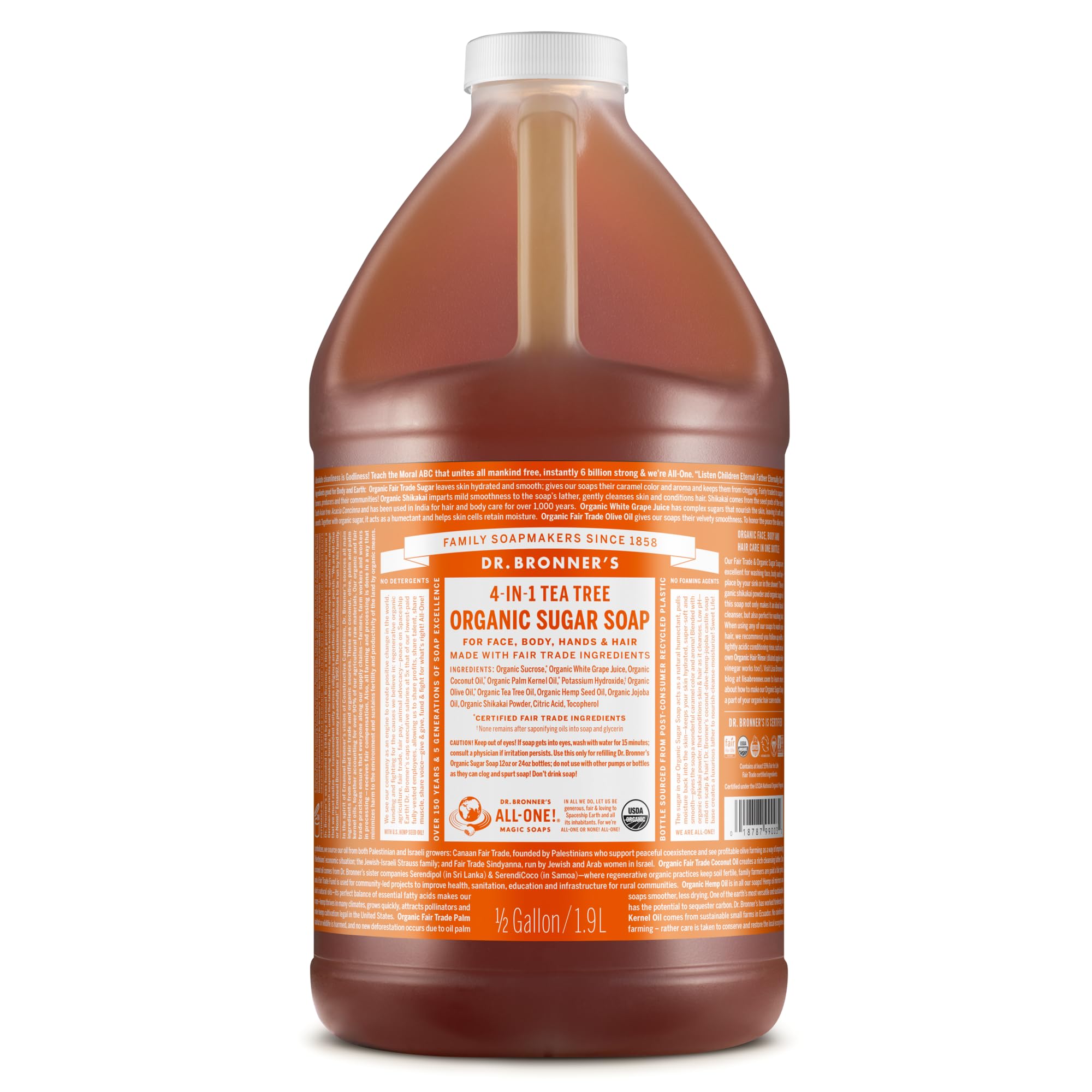 Dr. Bronner's Organic Sugar Soap Tea Tree 64oz – 4-in-1 Cleanser for Hands, Body, Face & Hair | Vegan