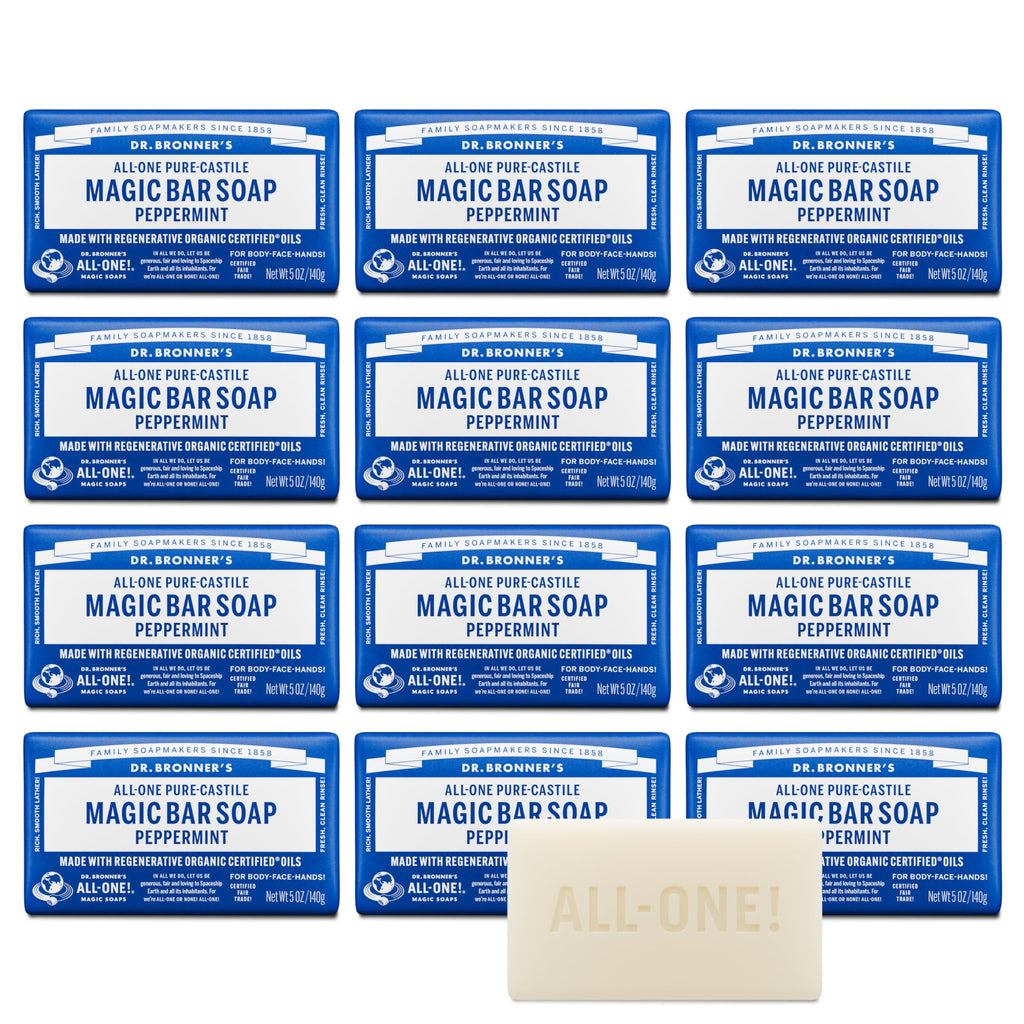 Dr. Bronner's Pure-Castile Magic Bar Soap Peppermint (5oz, 12-Pack) – Regenerative Organic Certified Oils, Vegan, Cruelty-Free