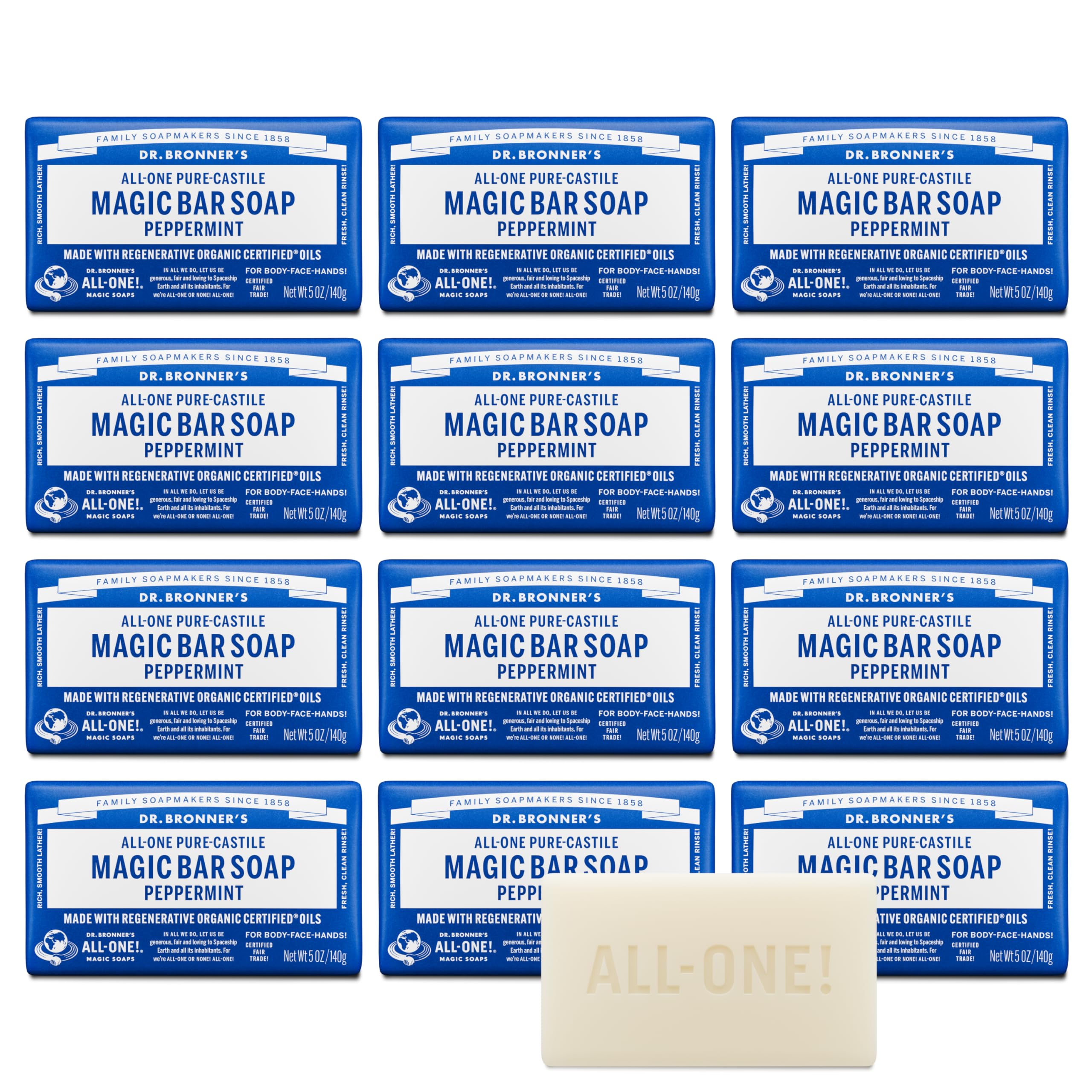 Dr. Bronner's Pure-Castile Magic Bar Soap Peppermint (5oz, 12-Pack) – Regenerative Organic Certified Oils, Vegan, Cruelty-Free