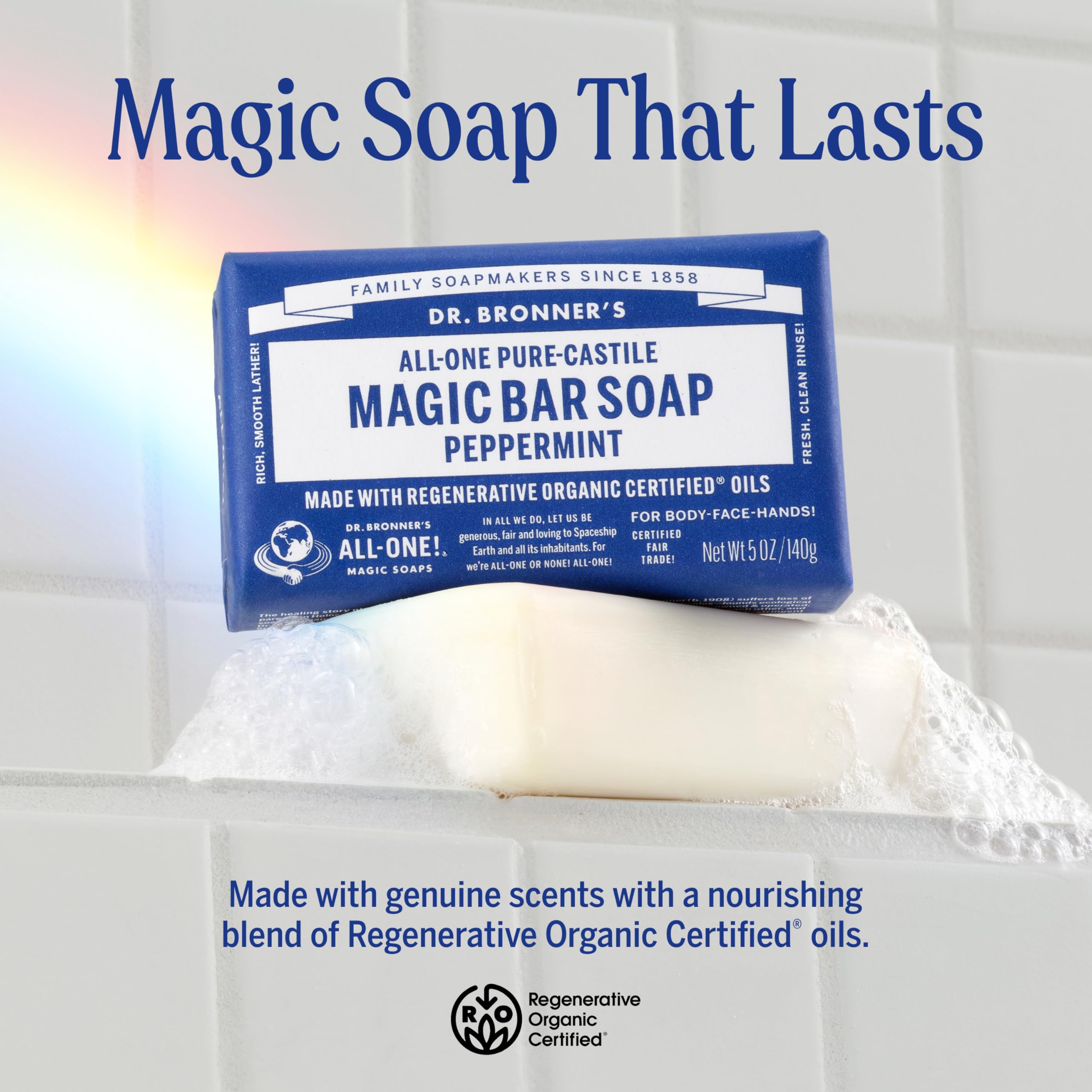 Dr. Bronner's Pure-Castile Magic Bar Soap Peppermint (5oz, 12-Pack) – Regenerative Organic Certified Oils, Vegan, Cruelty-Free