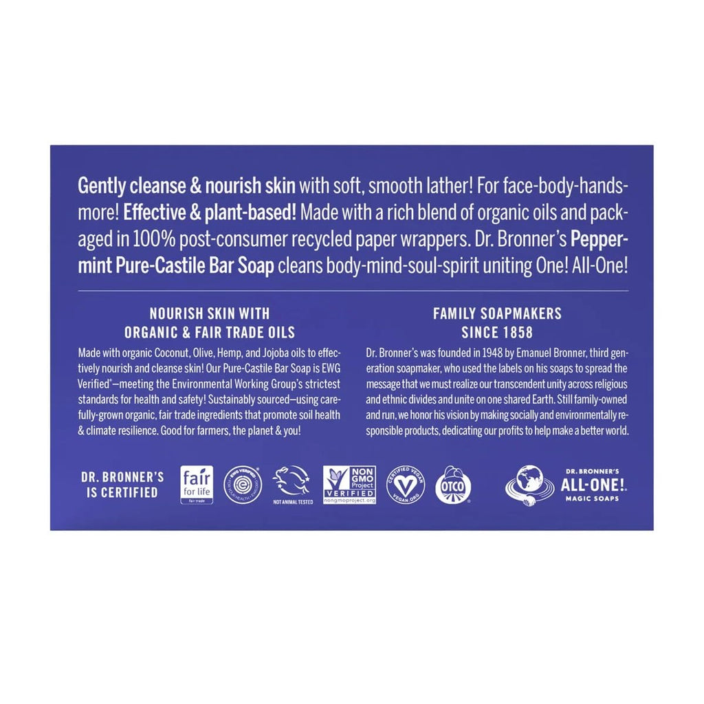 Dr. Bronner's Pure Castile Peppermint Bar Soap – 5 oz, Pack of 6 | Organic Oils