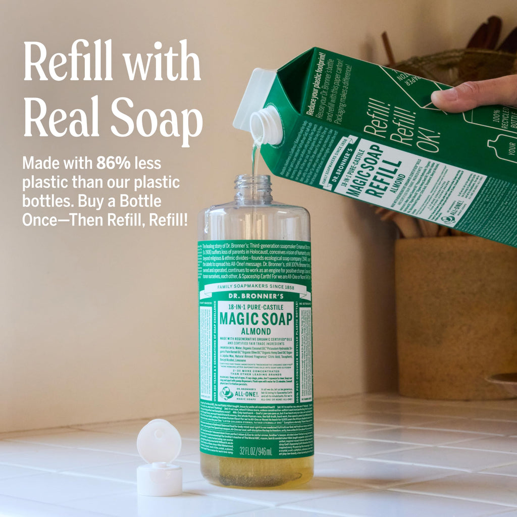 Dr. Bronner's Pure-Castile Almond Soap Liquid – Regenerative Organic Oils, 32oz + Refill
