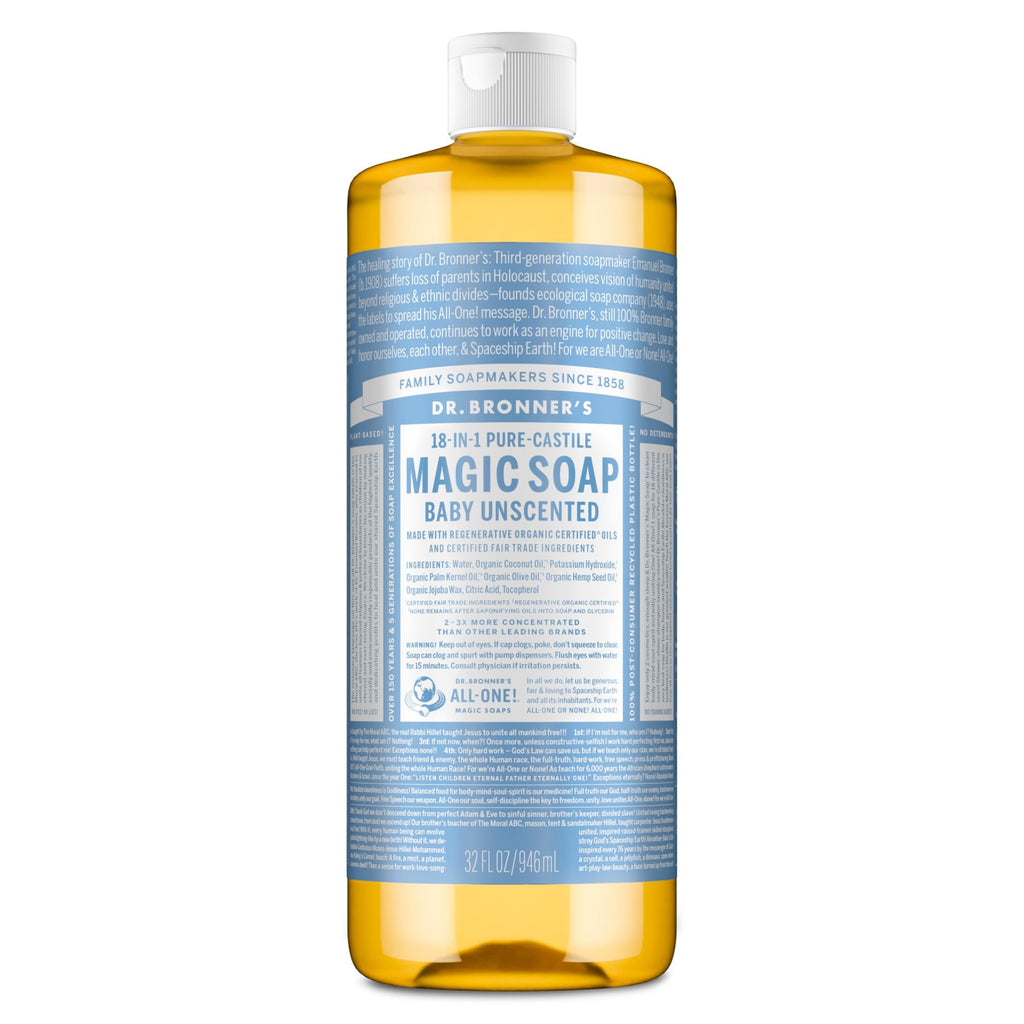 Dr. Bronner's Pure-Castile Magic Liquid Soap – Unscented, 32oz, Regenerative Organic Oils, 18-in-1 Uses