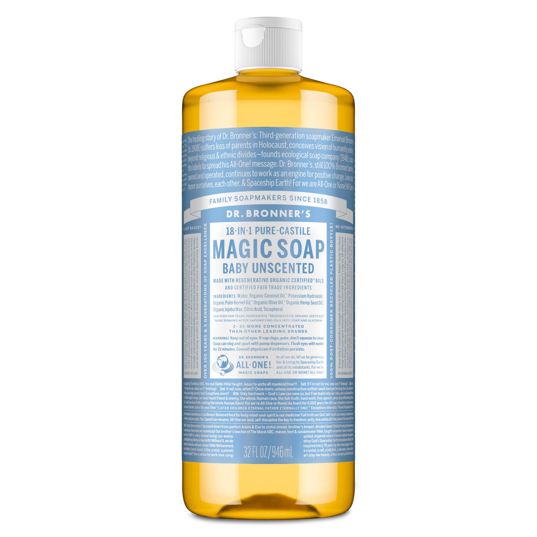 Dr. Bronner's Pure-Castile Magic Liquid Soap – Unscented, 32oz, Regenerative Organic Oils, 18-in-1 Uses
