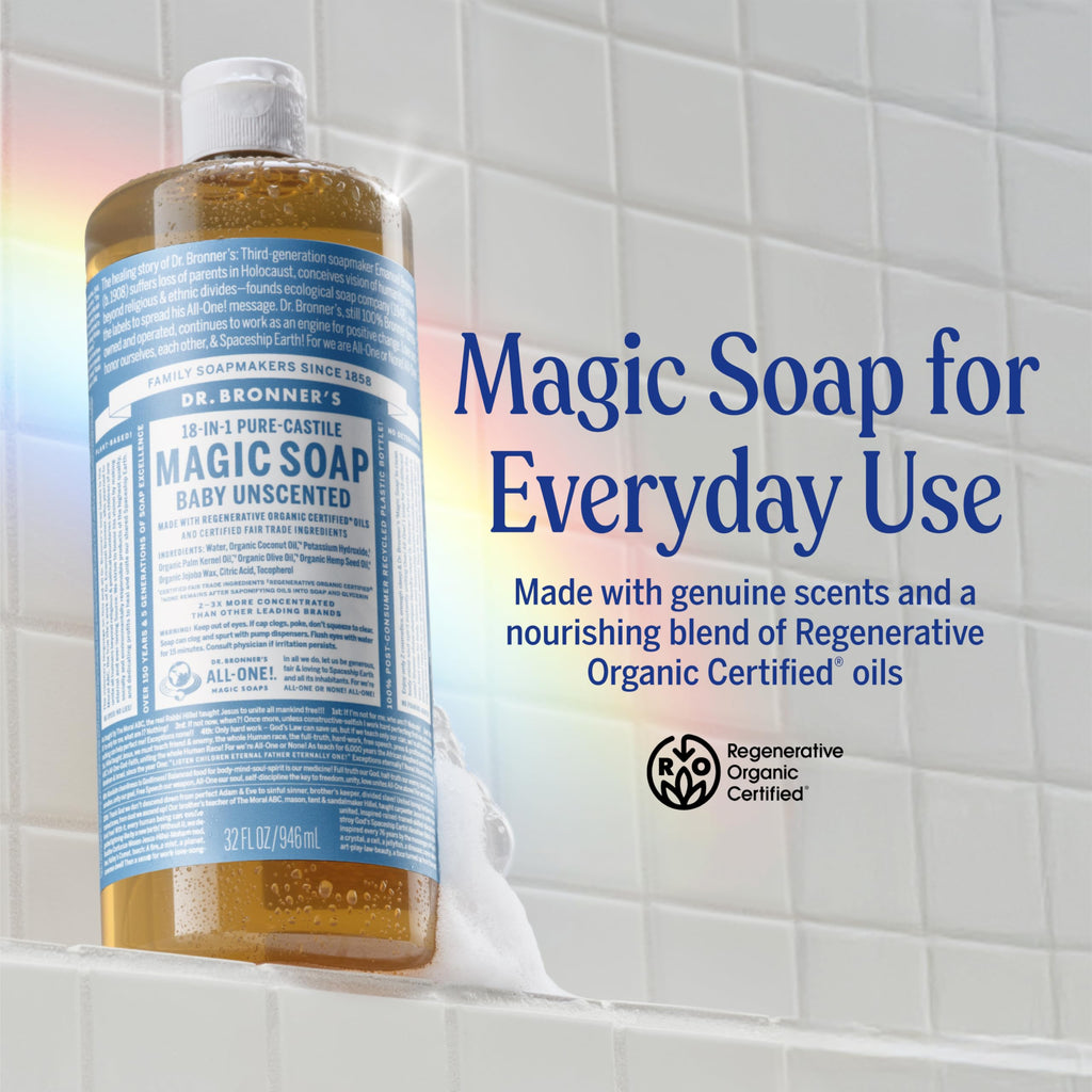 Dr. Bronner's Pure-Castile Magic Liquid Soap – Unscented, 32oz, Regenerative Organic Oils, 18-in-1 Uses