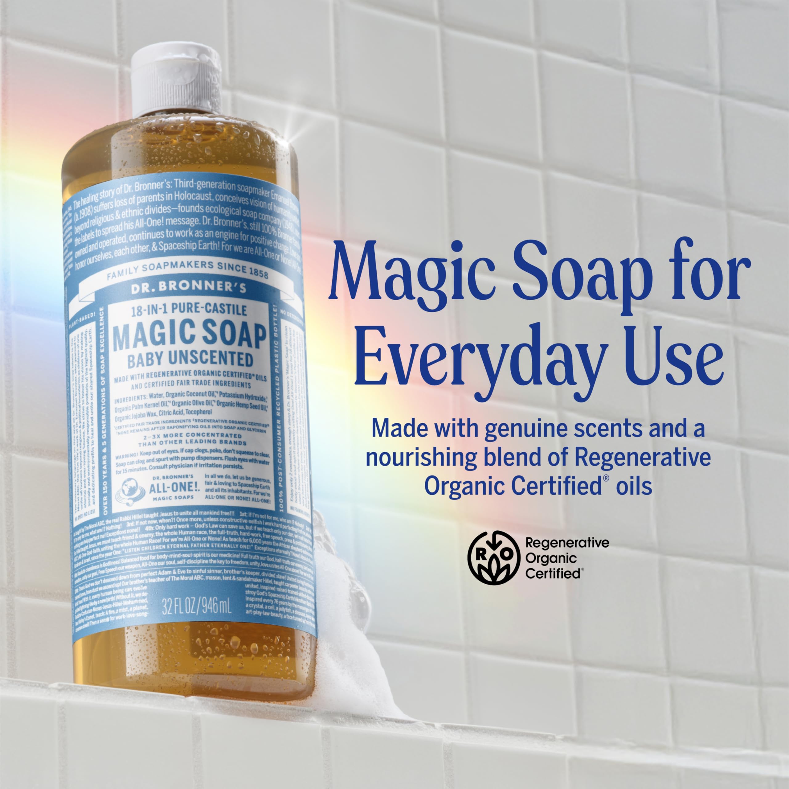 Dr. Bronner's Pure-Castile Magic Liquid Soap – Unscented, 32oz, Regenerative Organic Oils, 18-in-1 Uses