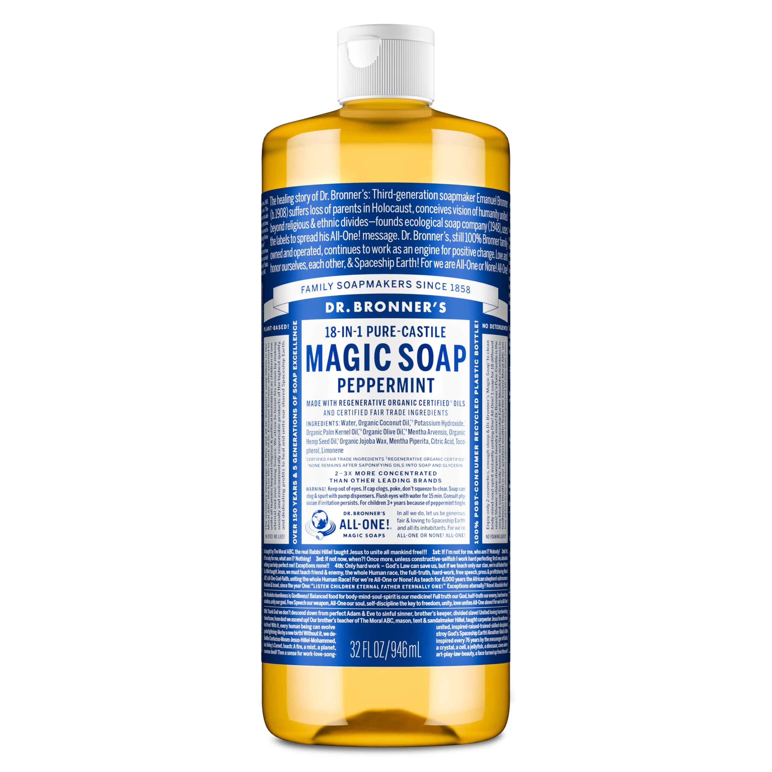 Dr. Bronner's Pure-Castile Magic Liquid Soap - Peppermint, 32oz | 18-in-1 Uses