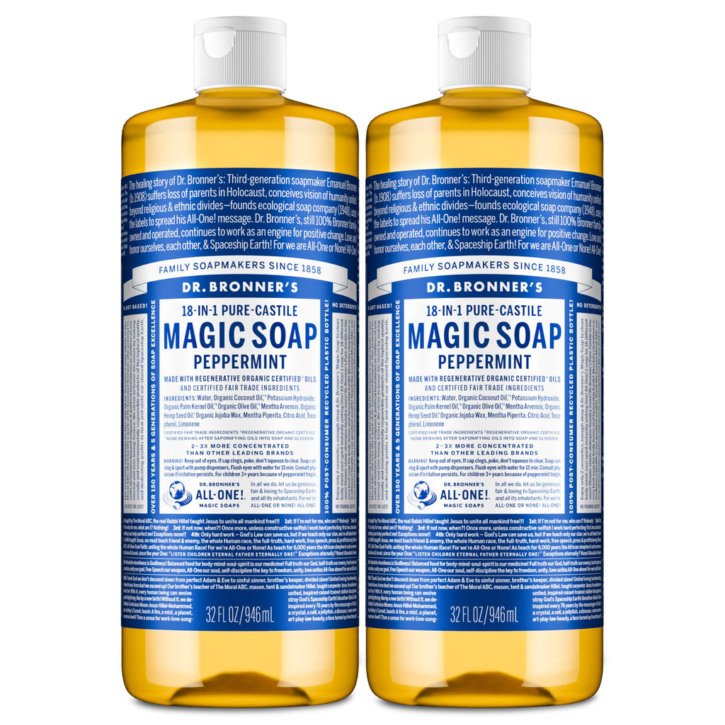 Dr. Bronner's Peppermint Pure-Castile Magic Soap 32 oz (2-Pack) | Organic Oils, Fair Trade