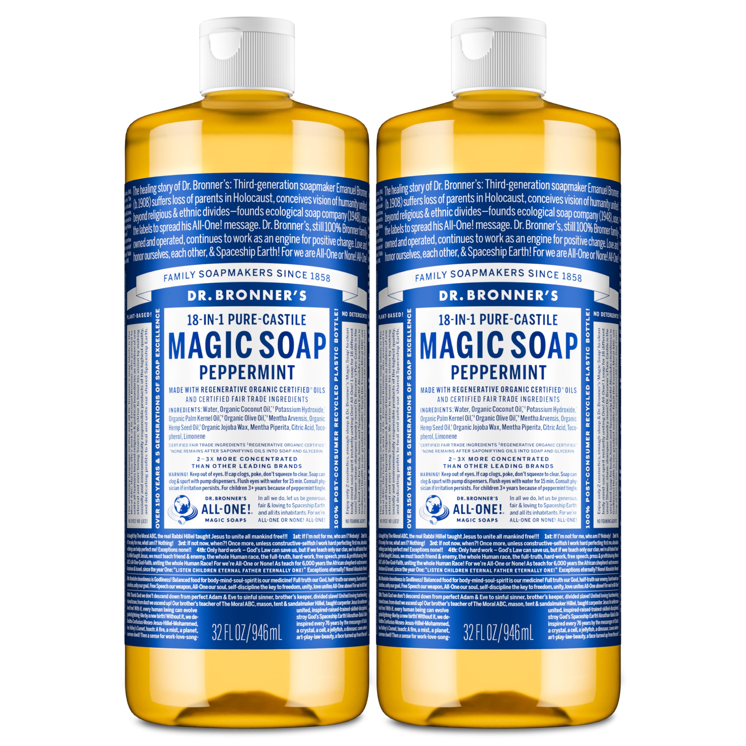 Dr. Bronner's Peppermint Pure-Castile Magic Soap 32 oz (2-Pack) | Organic Oils, Fair Trade