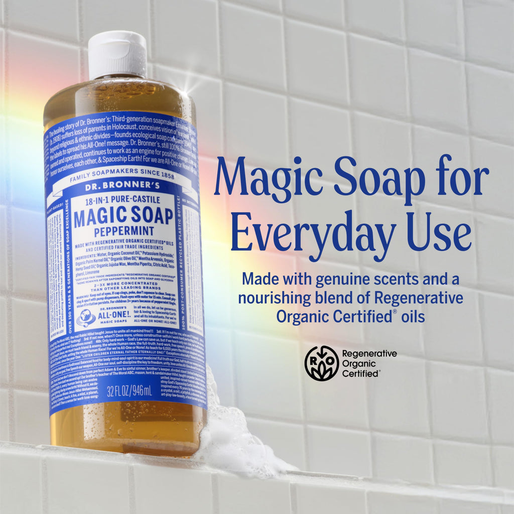 Dr. Bronner's Pure-Castile Magic Liquid Soap - Peppermint, 32oz | 18-in-1 Uses