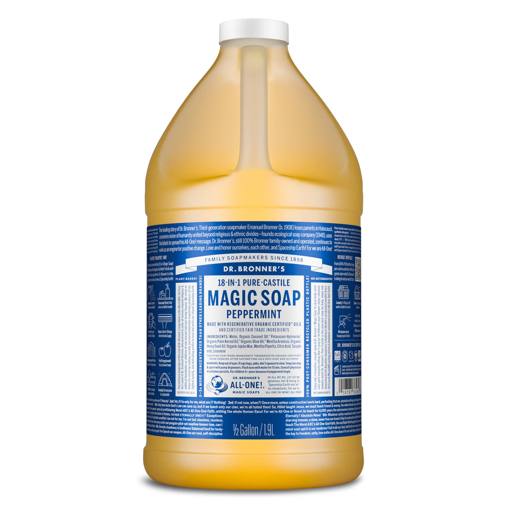 Dr. Bronner's Pure-Castile Peppermint Liquid Soap – 64 oz | Regenerative Organic Oils, Multi-Purpose & Vegan