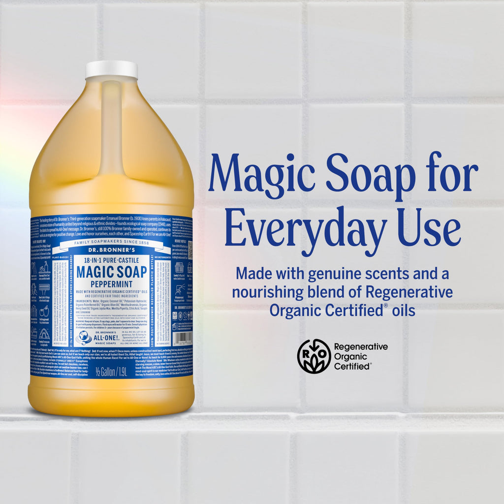 Dr. Bronner's Pure-Castile Peppermint Liquid Soap – 64 oz | Regenerative Organic Oils, Multi-Purpose & Vegan