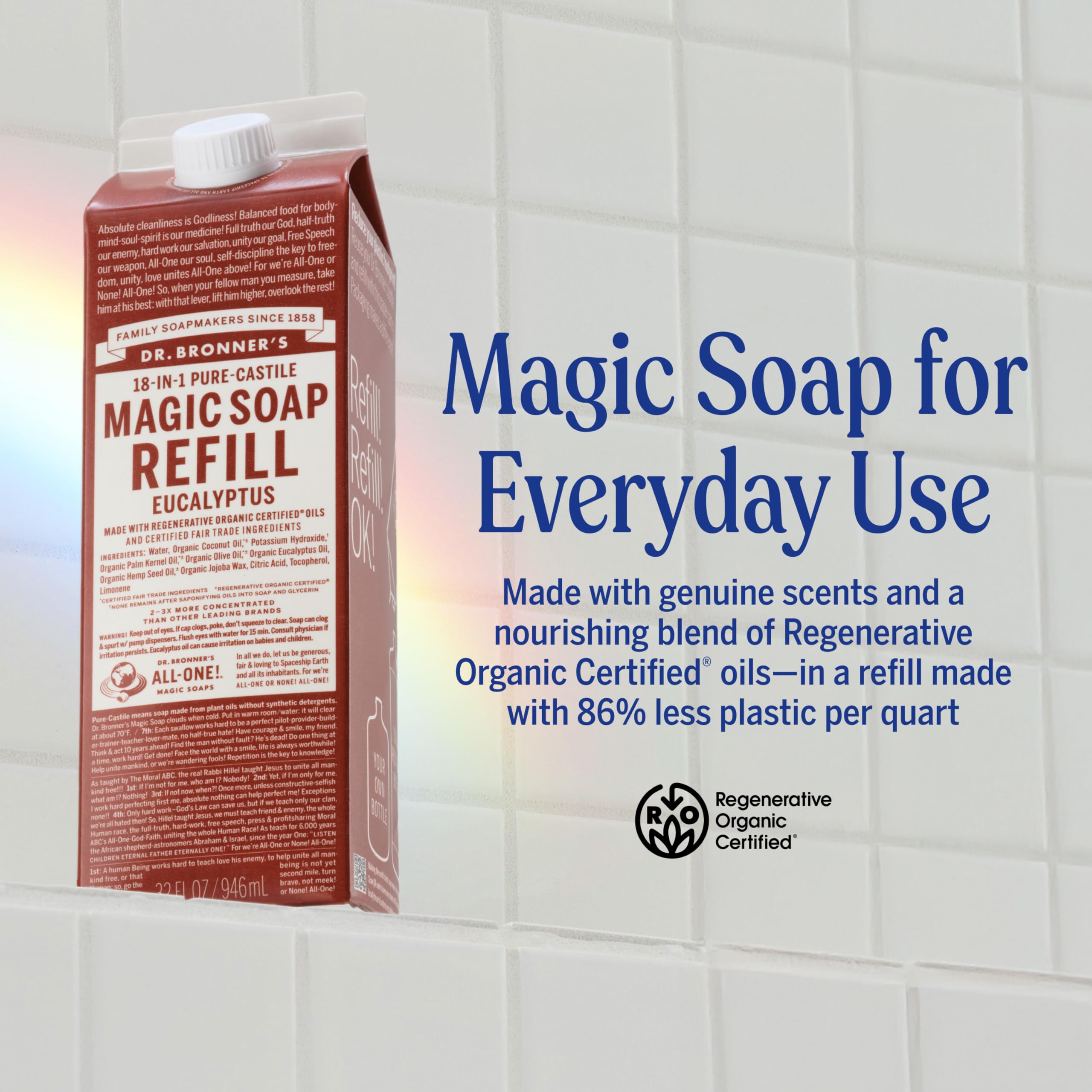 Dr. Bronner's Pure-Castile Soap Refill Eucalyptus 32 oz (2-Pack) | Regenerative Organic Certified Oils, Vegan, Non-GMO