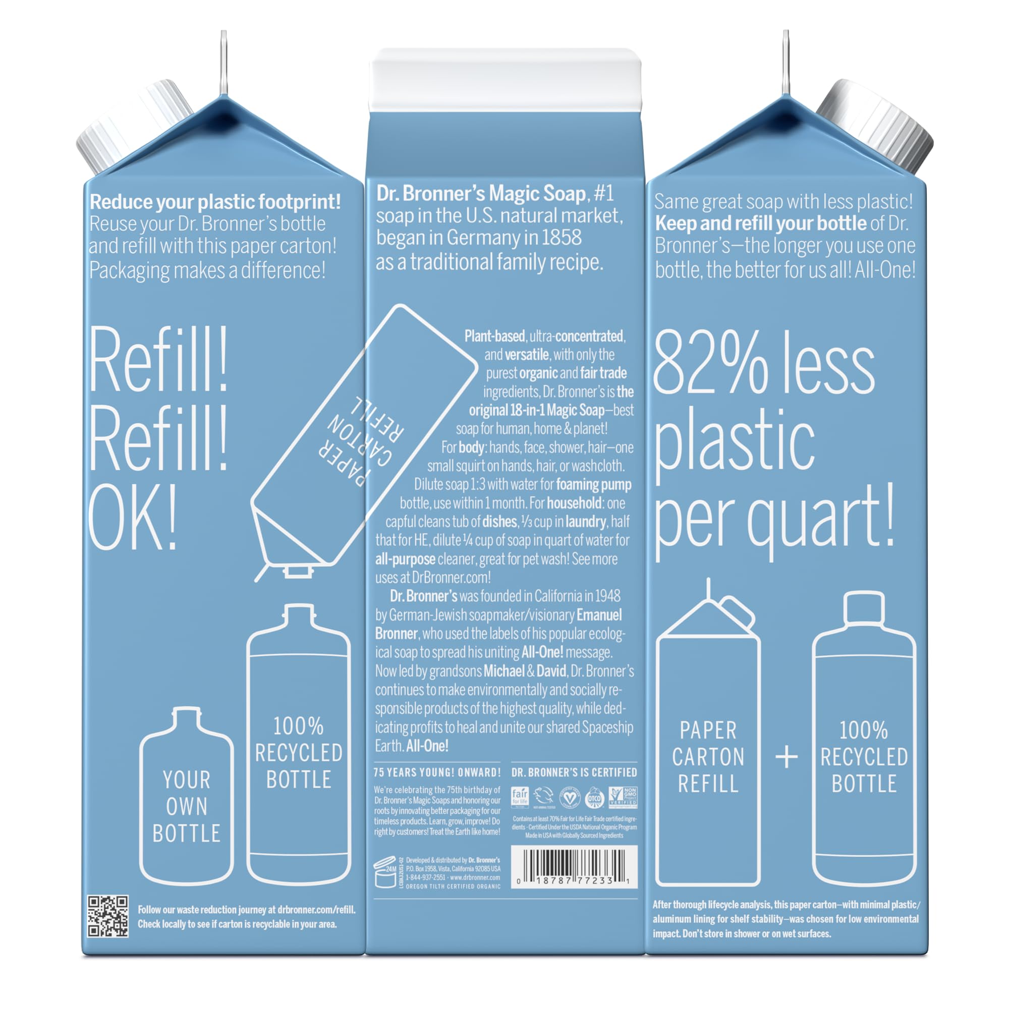 Dr. Bronner's Pure-Castile Soap Refill (32oz) – Regenerative Organic Oils, 86% Less Plastic, Baby Unscented, 18-in-1 Uses