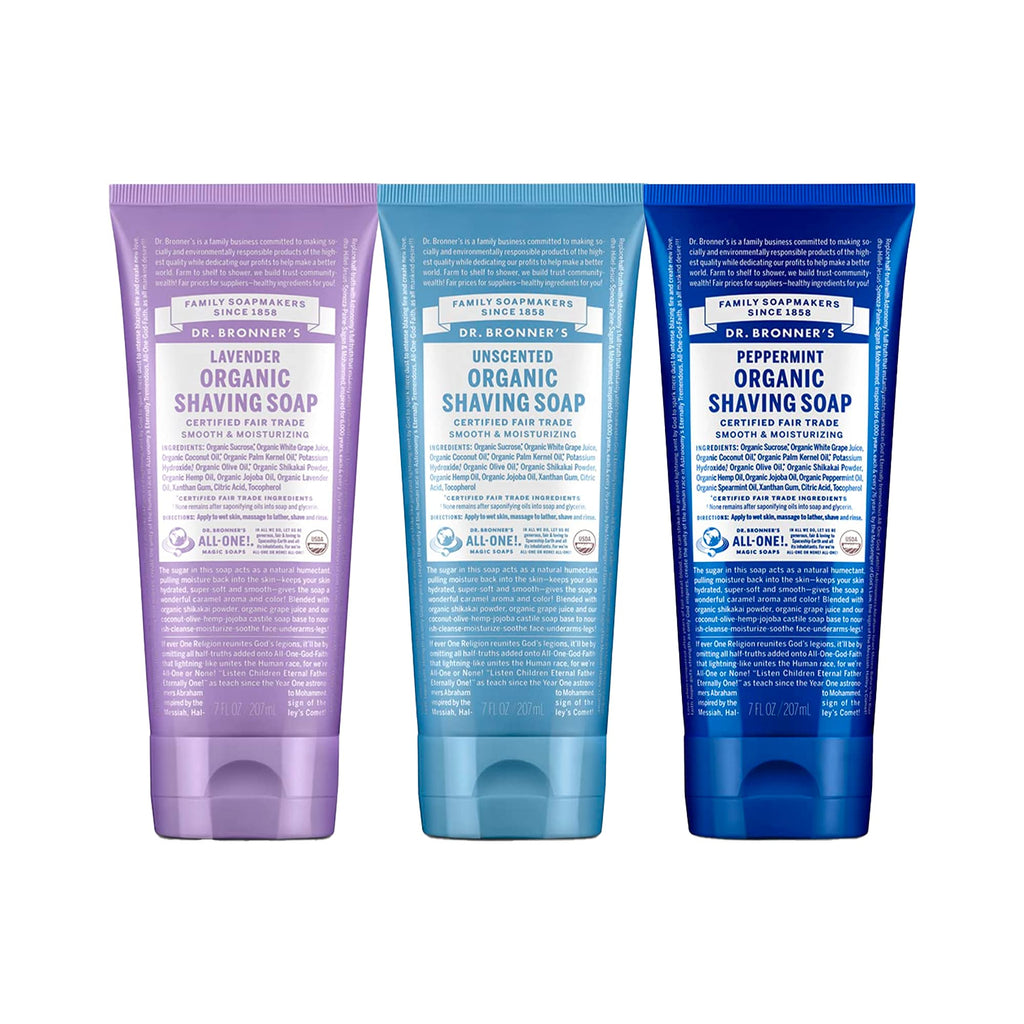 Dr. Bronner's Organic Shaving Soap (7 oz, 3-Count) Lavender, Baby Unscented & Peppermint