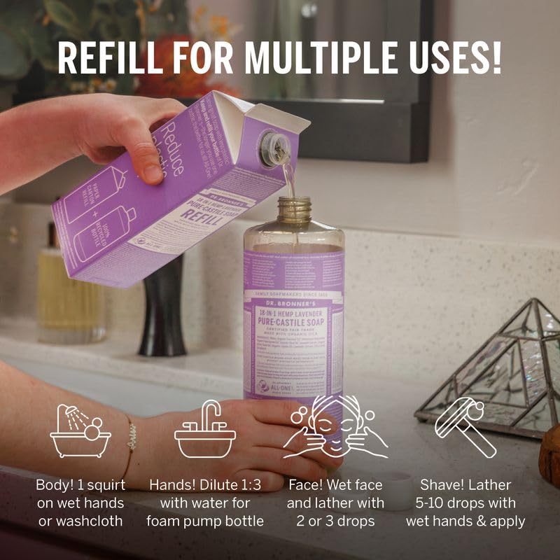 Dr. Bronner's Lavender Pure-Castile Soap Refill – Regenerative Oils, 32oz, 86% Less Plastic