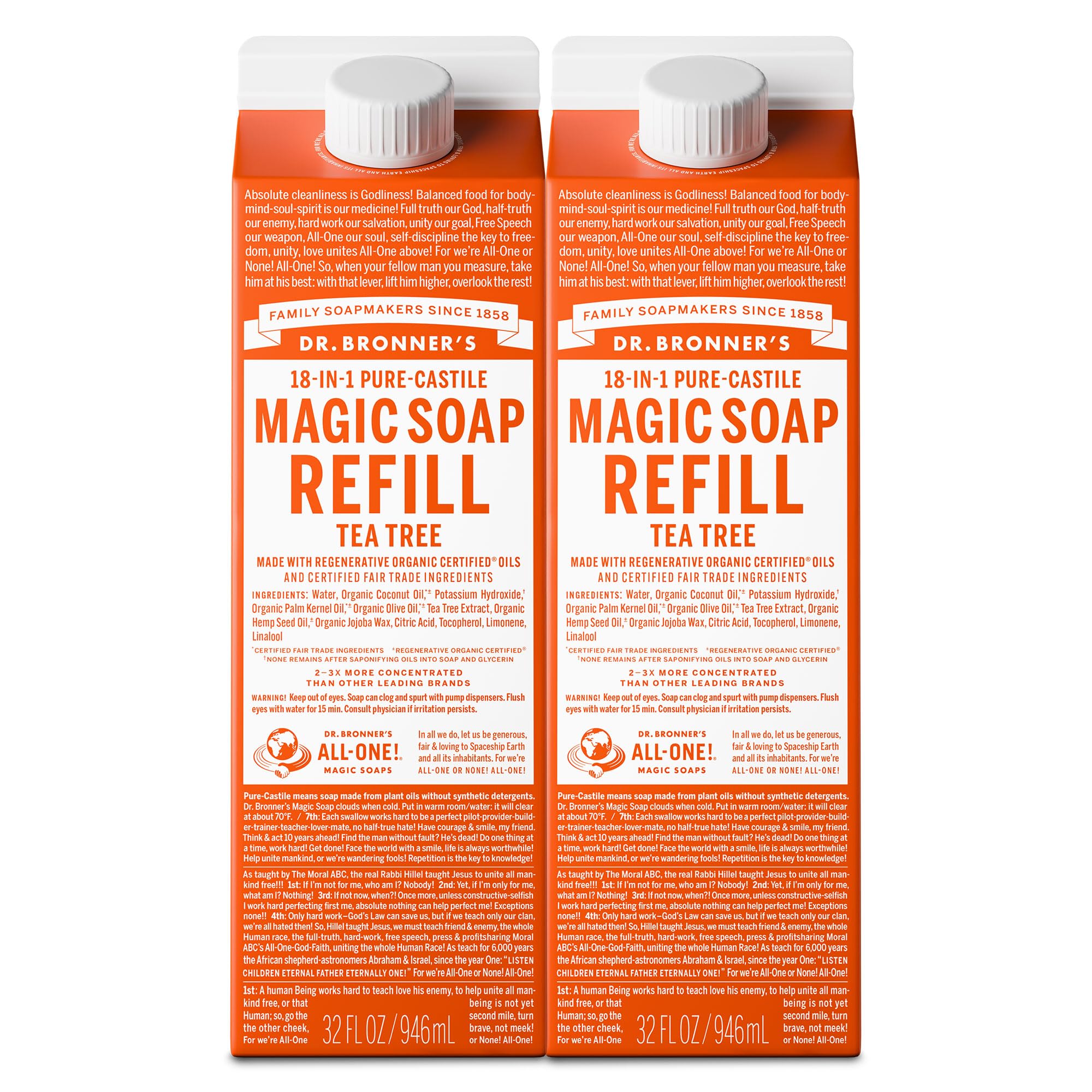 Dr. Bronner's Tea Tree Pure-Castile Soap Refill — 32 oz, 2-Pack