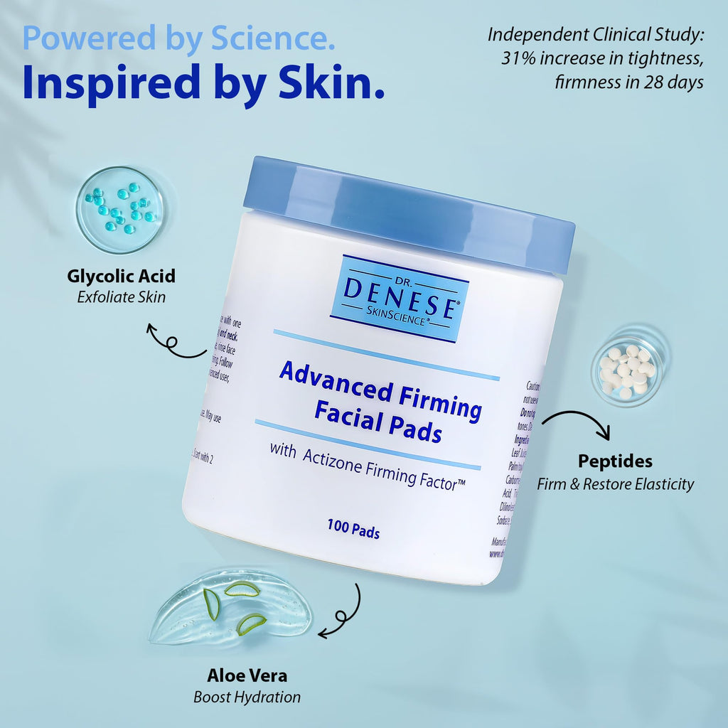 Dr. Denese SkinScience Advanced Firming Facial Pads – 100 Count | Glycolic Exfoliant with Peptides & Aloe