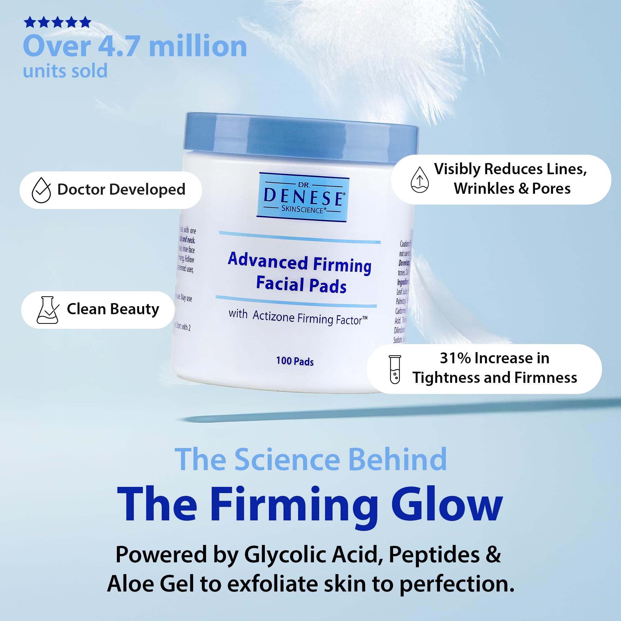 Dr. Denese SkinScience Advanced Firming Facial Pads – 100 Count | Glycolic Exfoliant with Peptides & Aloe