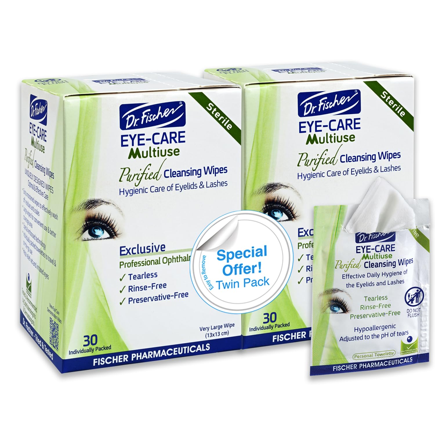 Dr. Fischer Eyelid Wipes – Purified, Hypoallergenic Pre-Moistened Eye Wipes (Pack of 2)