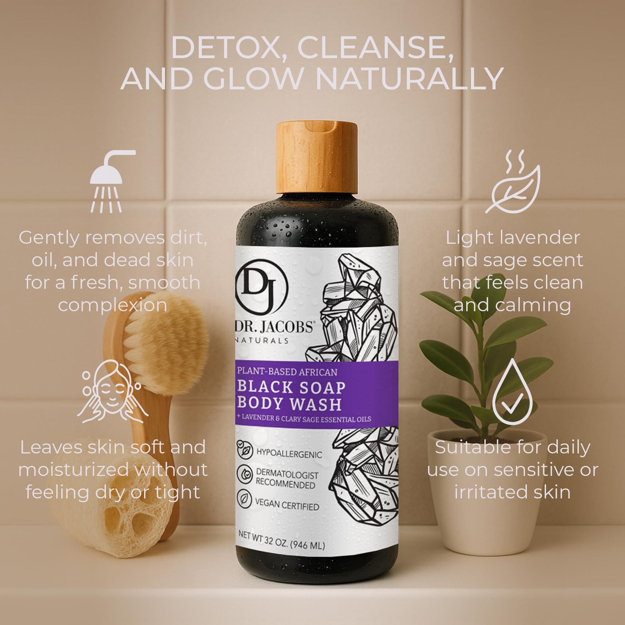 DR.JACOBS NATURALS African Black Soap – Lavender & Sage All-In-One Face, Body, Shampoo & Shaving Soap (32oz x2)
